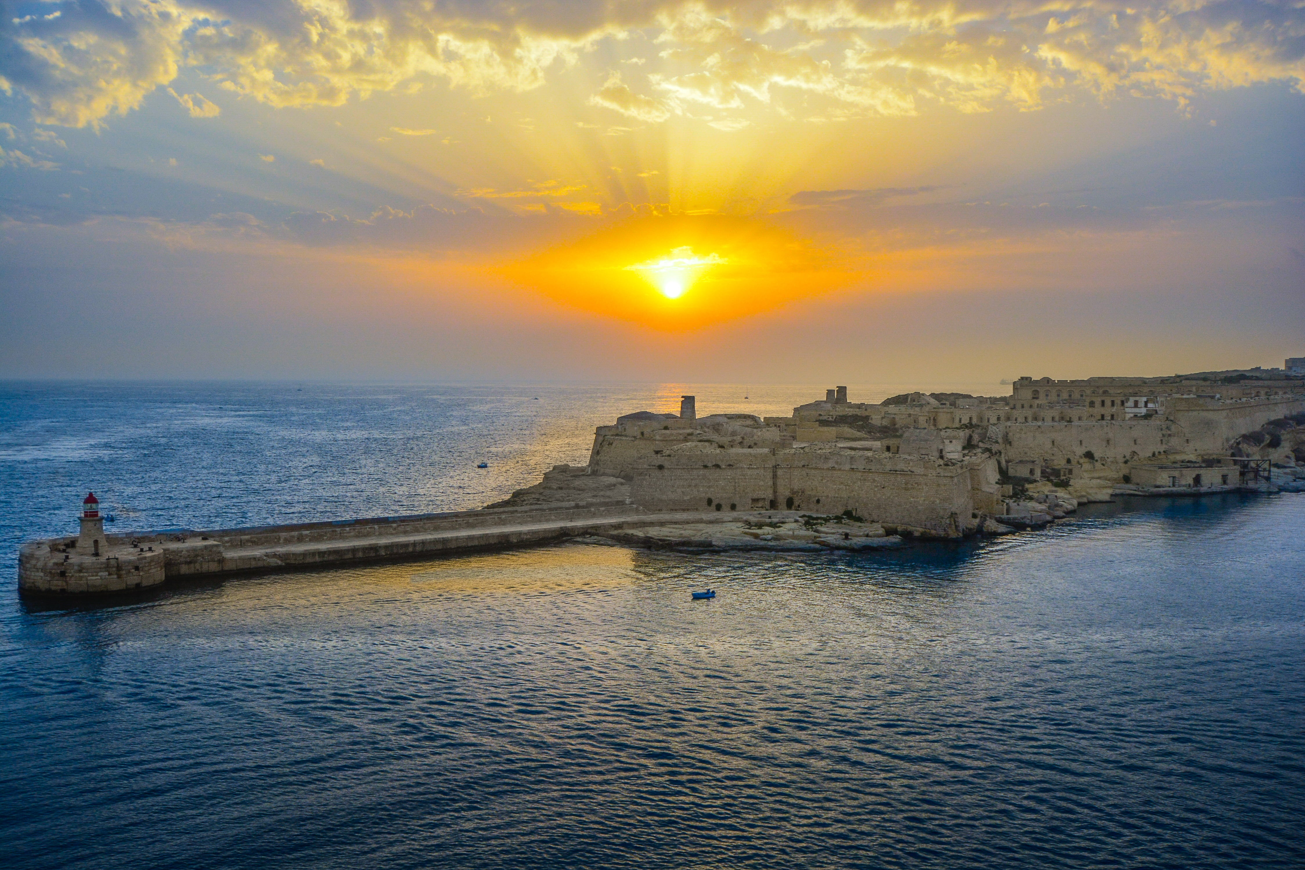 beauty in nature, land, tranquil scene, sunset, sun, shore, building exterior, structure, water, outdoors, cloud - sky, city, blue, sky, harbor, mediterranean, HD Wallpaper