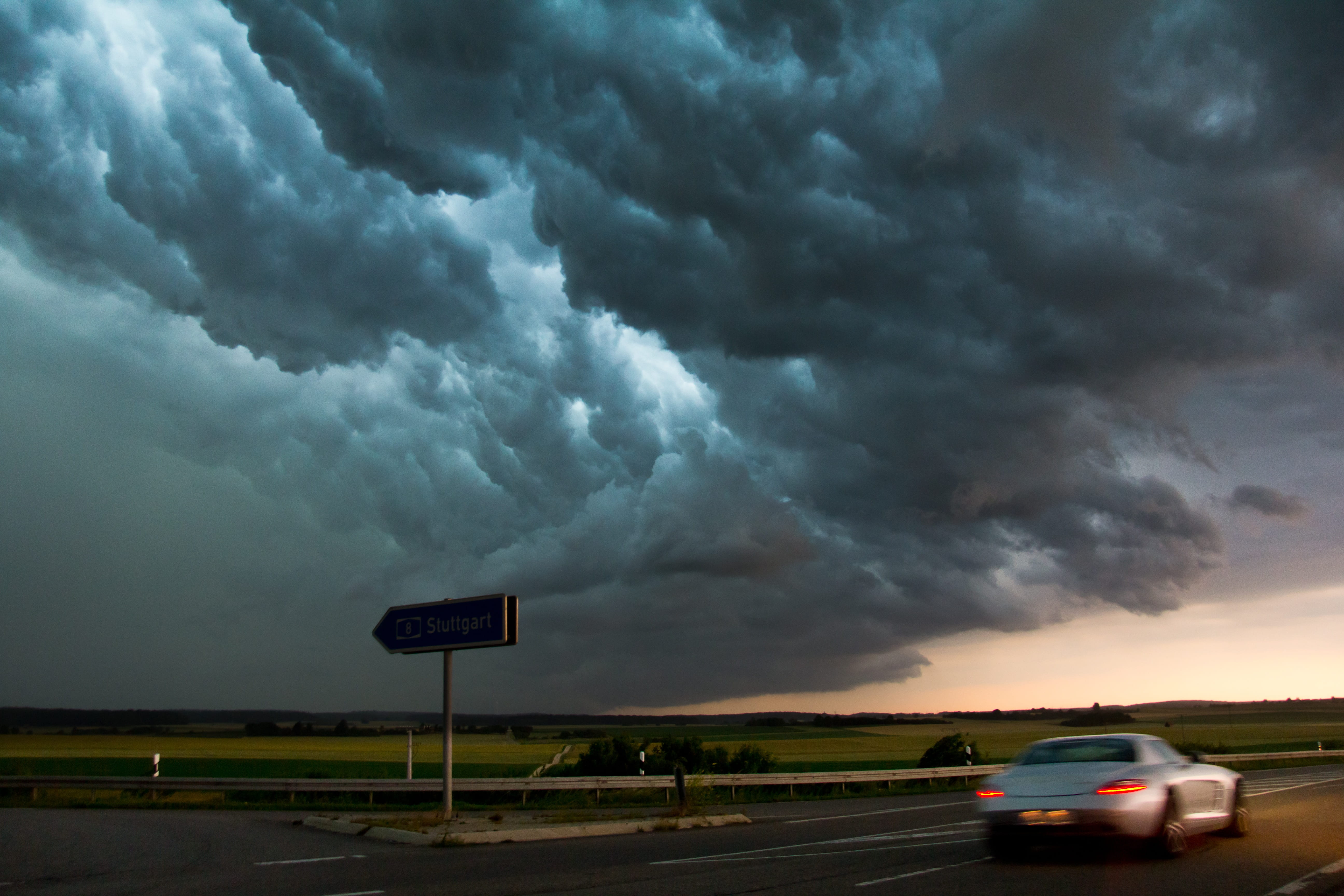 mode of transportation, silver, greenish, road trip, cloud - sky, blurred motion, outdoors, natural phenomenon, wind, dark, motion, coupe, thunderstorm, HD Wallpaper