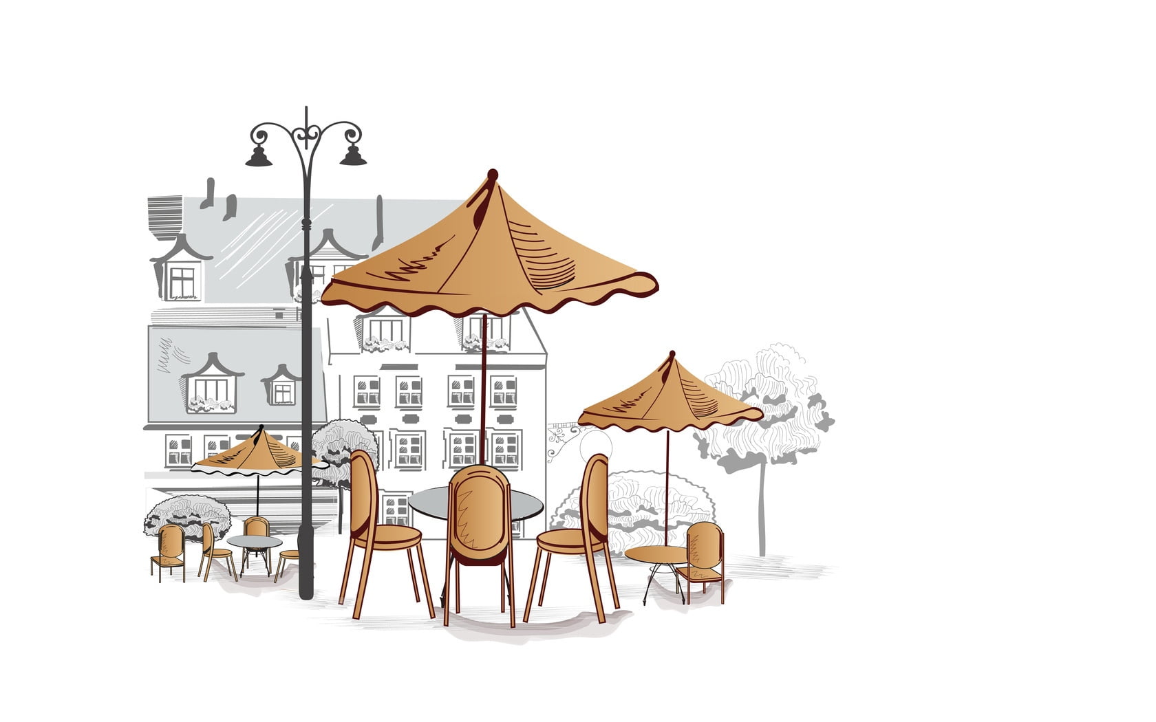 dining, umbrellas, construction Industry, outdoors, business, chairs, seat, illustration, wood - Material, cartoon, landscape, town, white background, sketch, HD Wallpaper