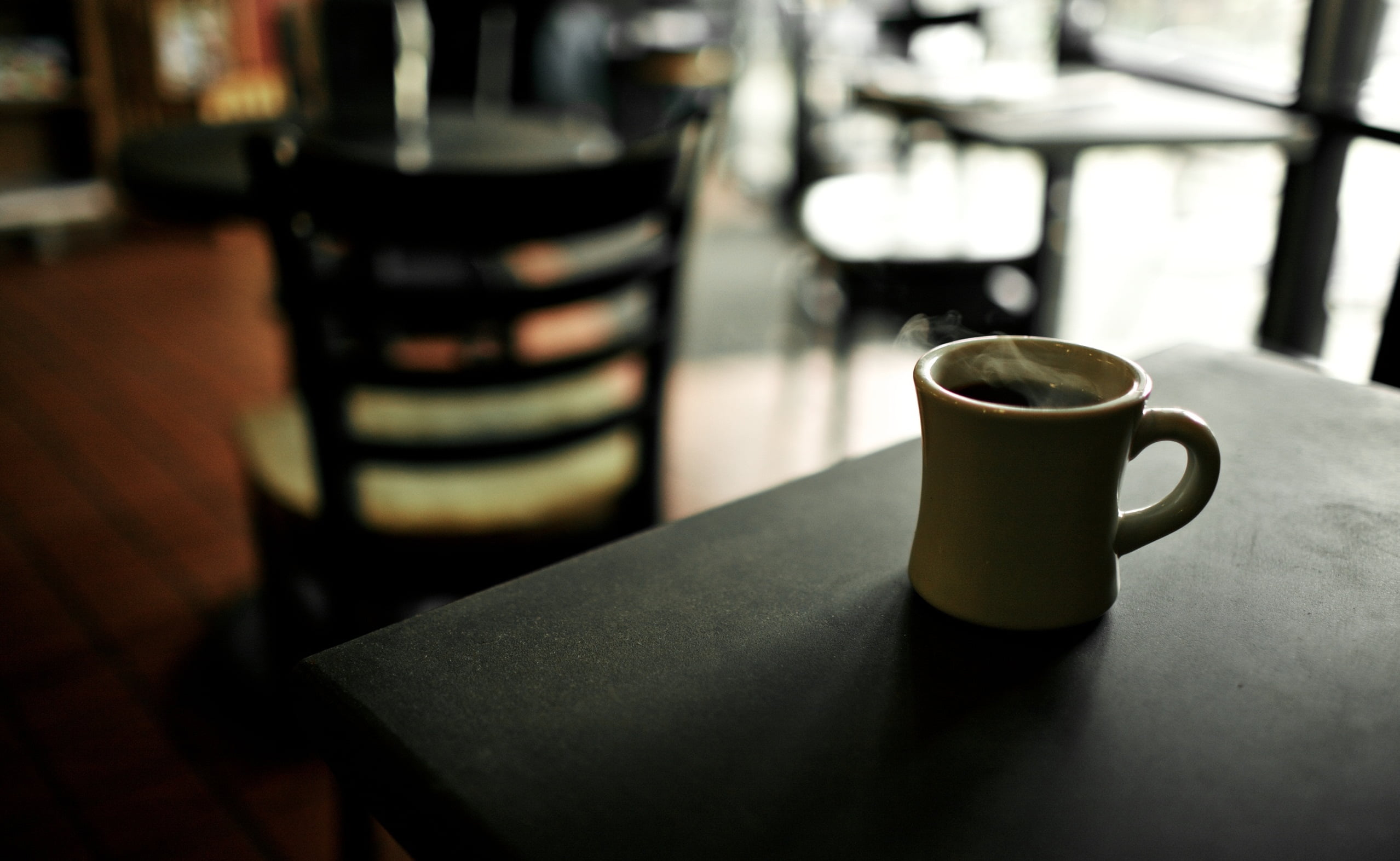 tea cup, coffee Shop, seat, drink, wood - Material, refreshment, business, cafe, food and drink, caffeine, indoors, breakfast, brown, coffee - Drink, chairs, HD Wallpaper