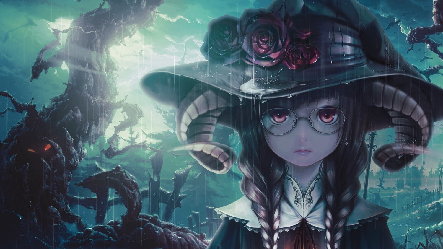 witch, rose, anime girls, glasses, horns, 720P, anime, original characters, braids, HD Wallpaper
