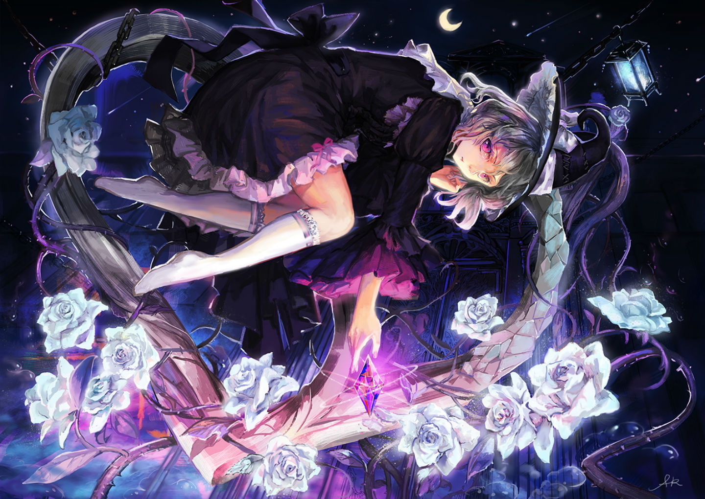 socks, original, amyoy, flowers, hat, eyes, pink, dress, xiezhua, rose, 720P, witch, HD Wallpaper