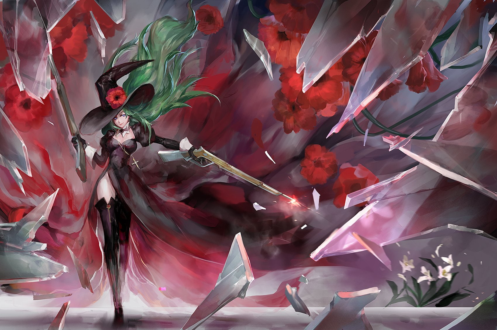Witch, 720P, Dark, Anime, Girl, Rose, Original, HD Wallpaper