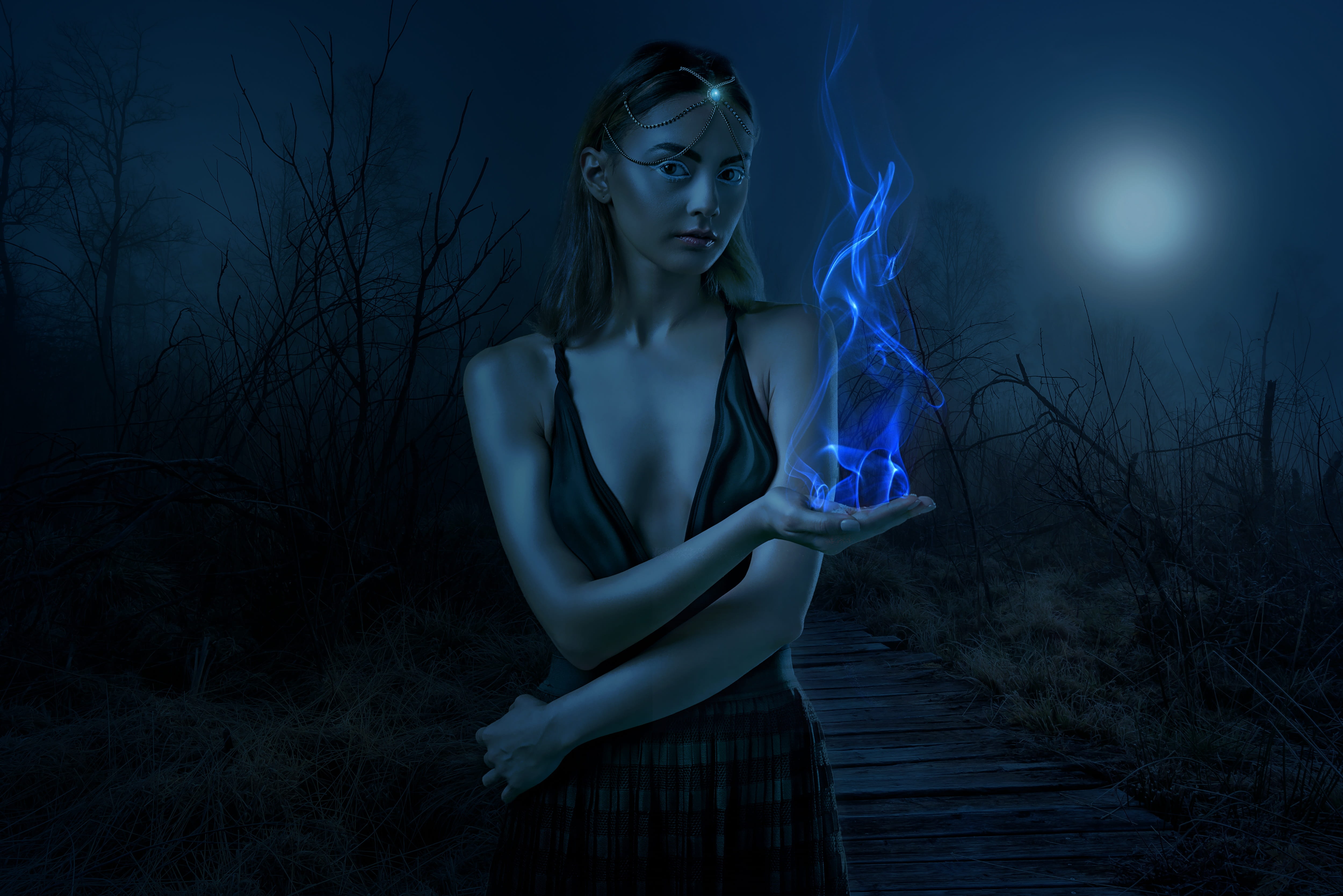 moon, 4K, illuminated, moonlight, female, gothic, nature, tree, one person, outdoors, girl, woman, plant, front view, hairstyle, young adult, magic, model, HD Wallpaper