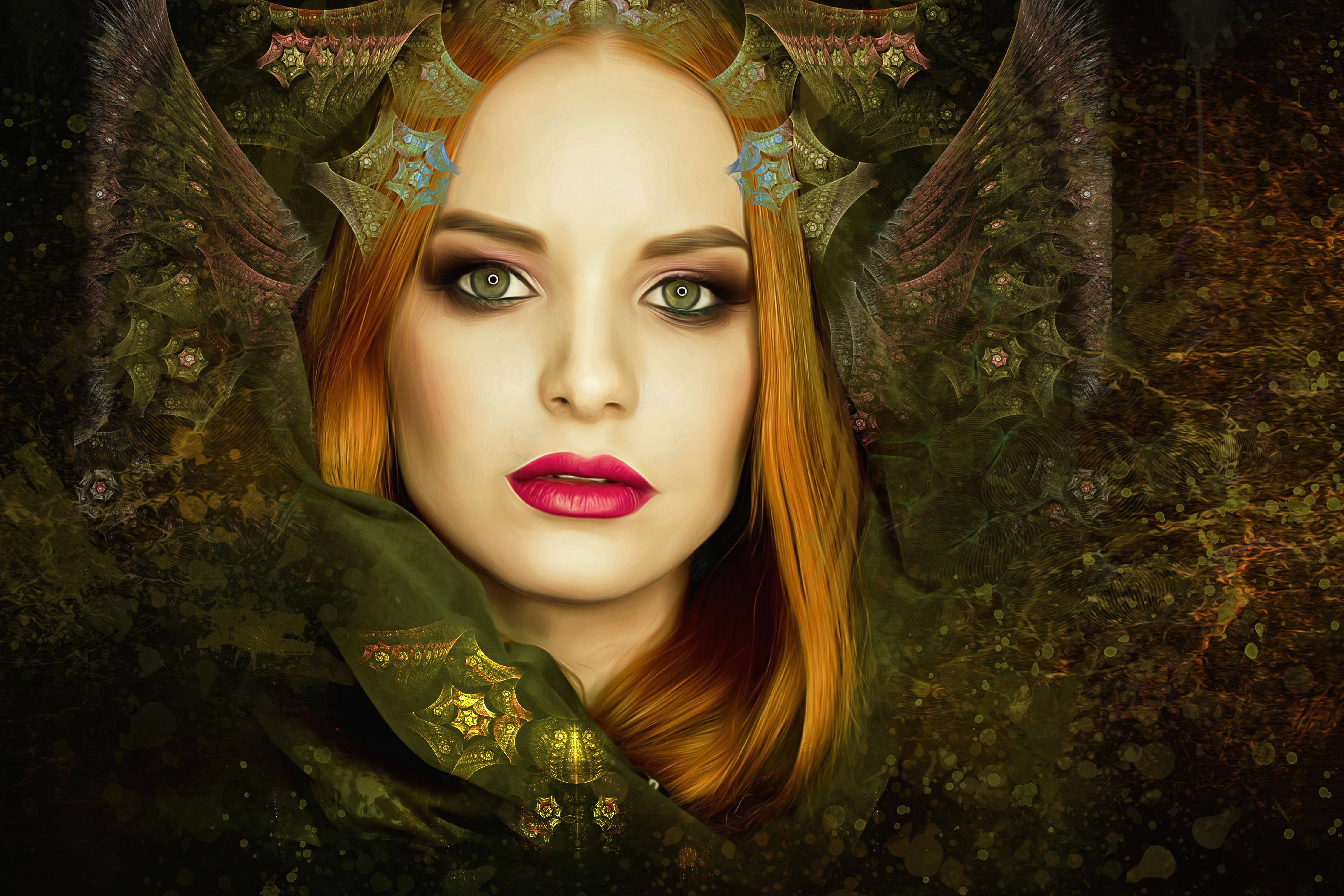 face, long hair, ink splashes, lipstick, headshot, ink, tree, human face, fairy queen, 4K, mysterious, young adult, hair, front view, one person, looking at camera, HD Wallpaper