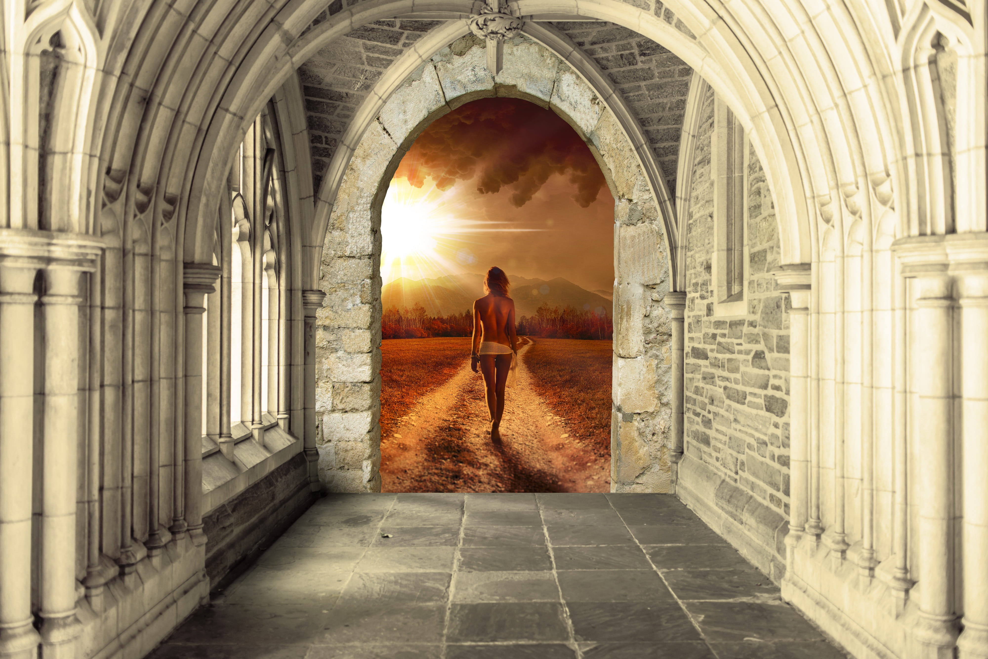 arcade, nature, medieval, lifestyles, gothic, portal, built structure, hallway, standing, vintage, fantasy, regression, door, female, men, mystery, corridor, HD Wallpaper