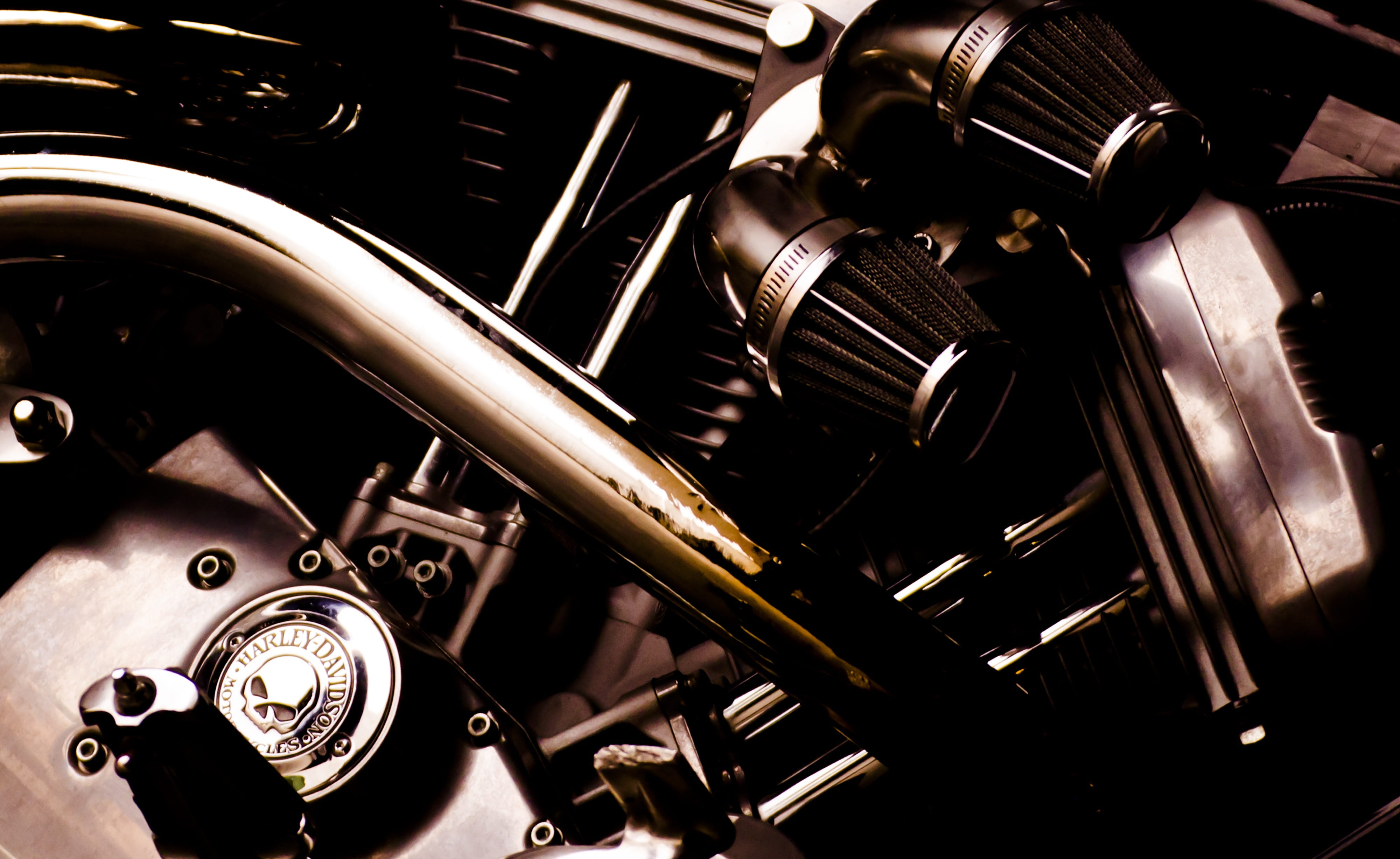silver colored, machine part, car, high angle view, moto, 4K, technology, harley, motorcycle, harley davidson, close-up, machinery, indoors, full frame, HD Wallpaper
