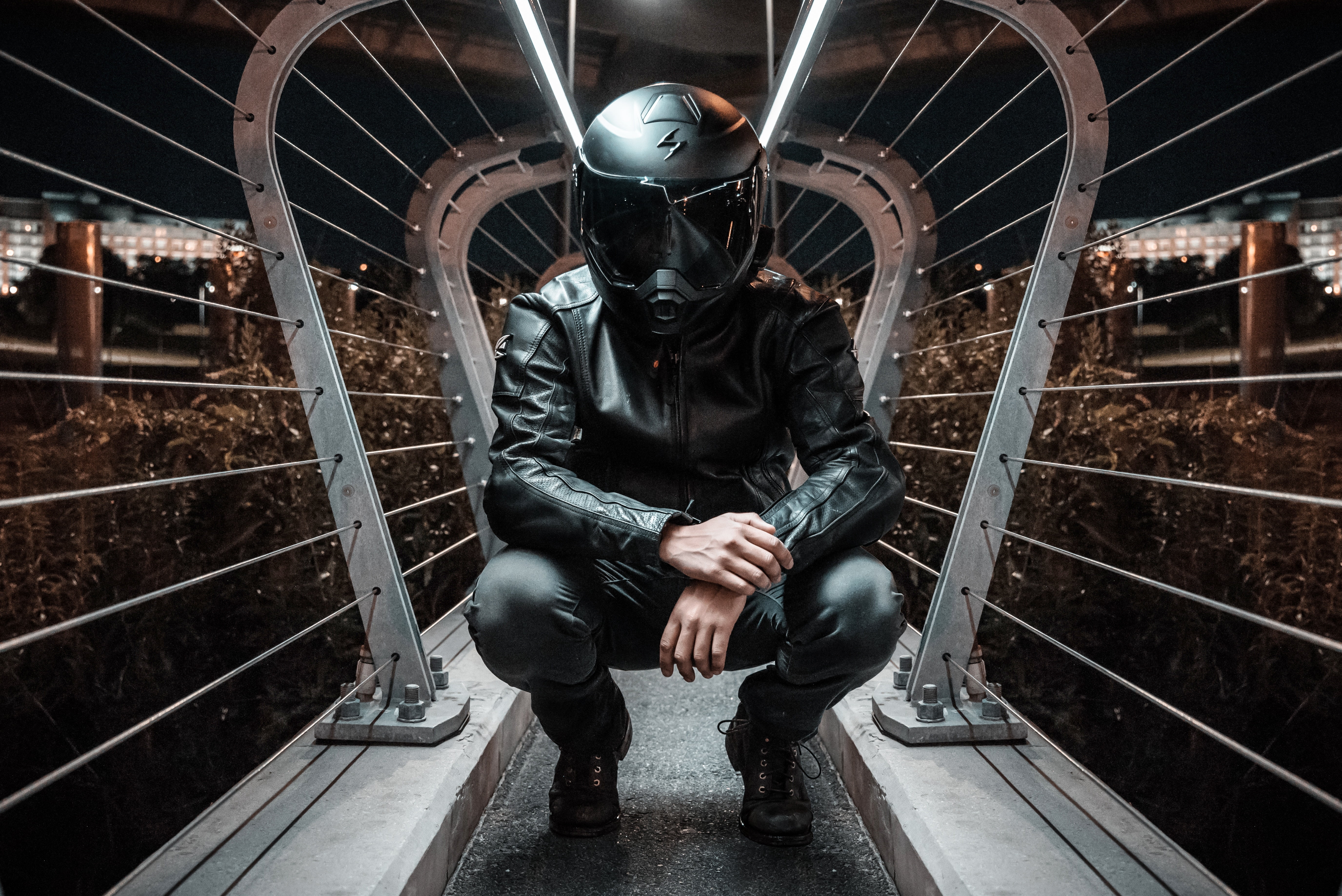 one Person, social issues, counter-terrorism, full, face, men, front view, outdoors, adult, clothing, depression - sadness, biker, cyborg, staircase, mask, HD Wallpaper