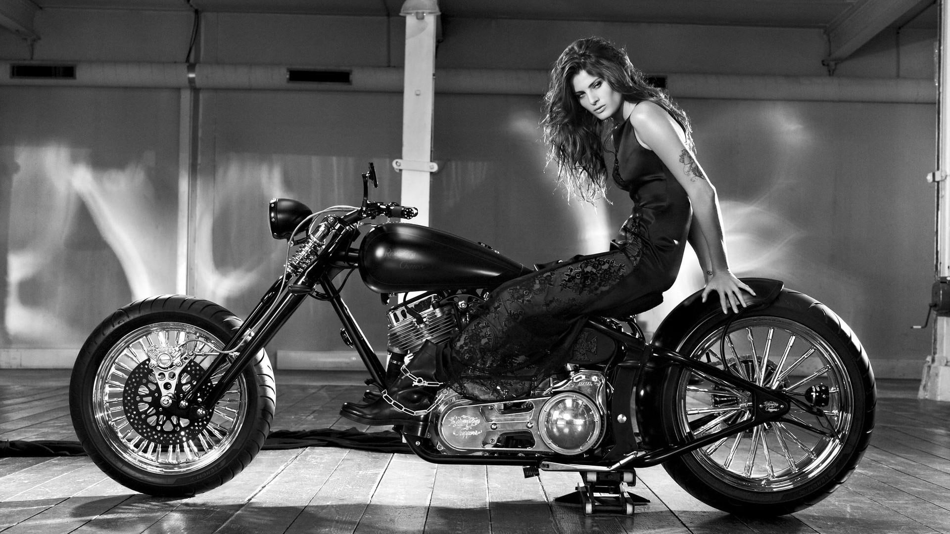 woman, chopper, 1920x1080, black, 1080P, motorcycle, brunette, motorcycles, HD Wallpaper