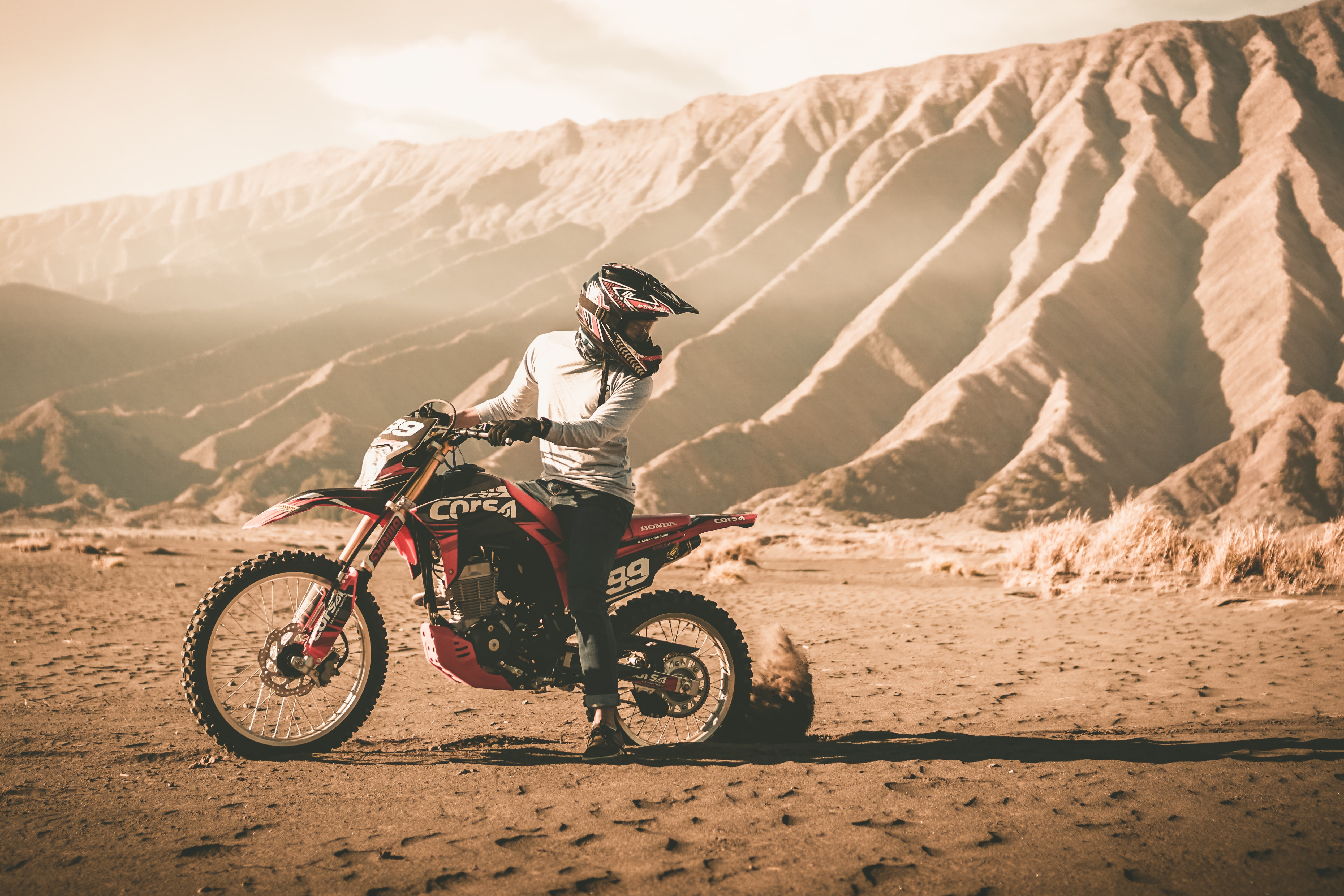 motorcycle, cross, helmet, sand, 4K, motorcyclist, off-road, mountains, HD Wallpaper