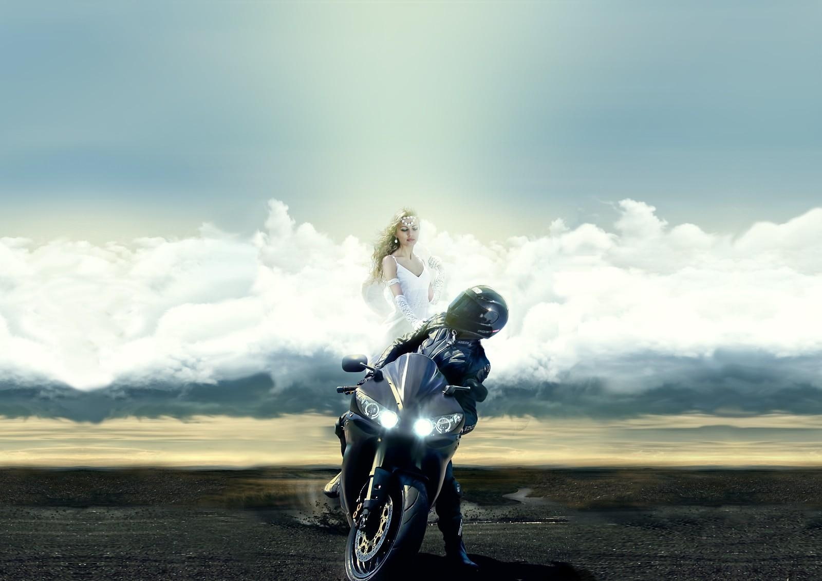 motorcyclist, guardian, clouds, 720P, angel, HD Wallpaper