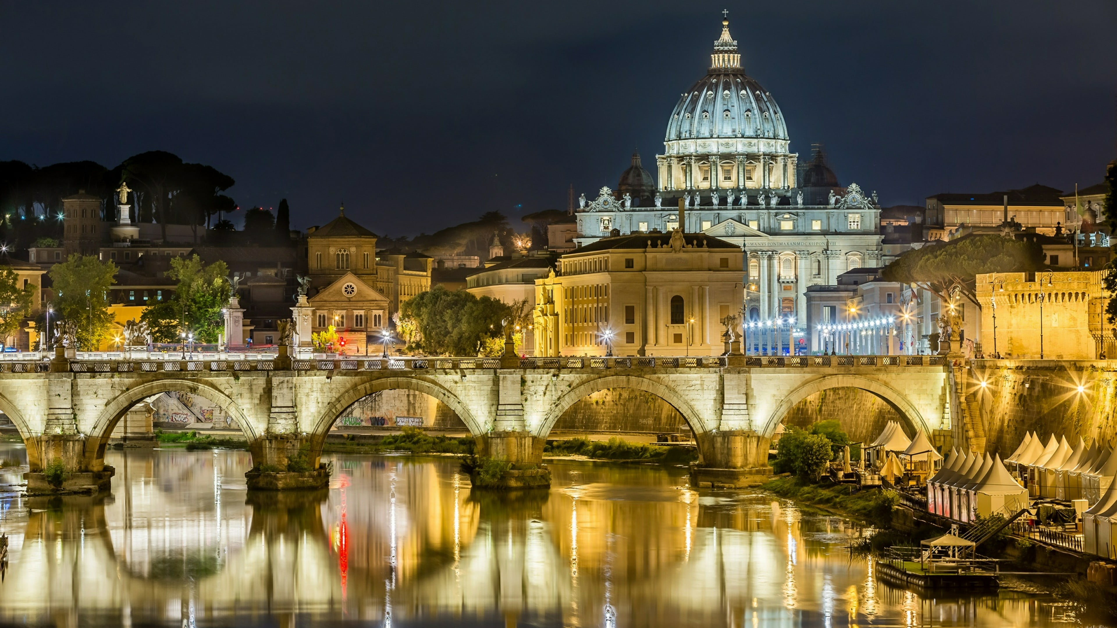 bridge - man made structure, arch bridge, sky, st angelo bridge, 4K, illuminated, connection, built structure, city lights, no people, rome, reflection, HD Wallpaper