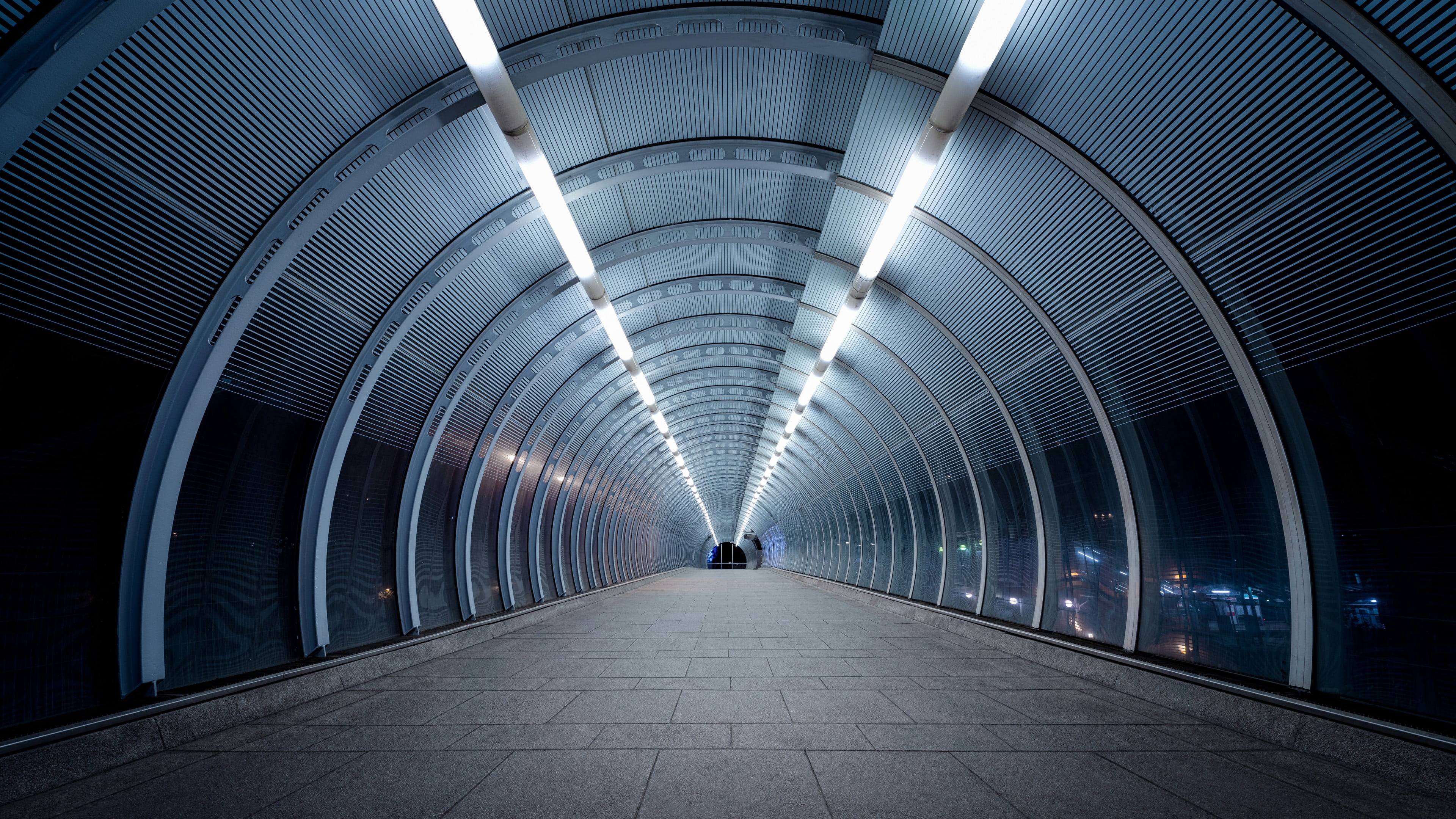 indoors, direction, modern, transportation, fixed link, underpass, architecture, structure, poplar, symmetry, walking, tunnel, line, built structure, poplar dlr station, HD Wallpaper