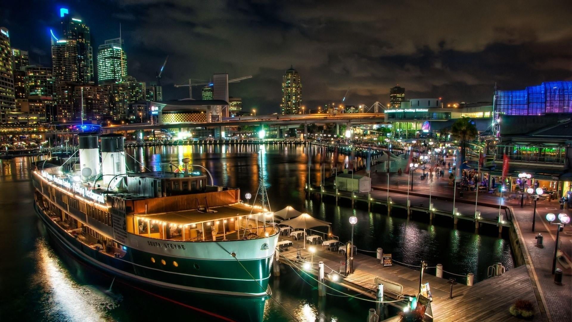 night, architecture, mode of transportation, downtown, built structure, sydney, building, nautical vessel, moored, building exterior, marina, nature, port, HD Wallpaper