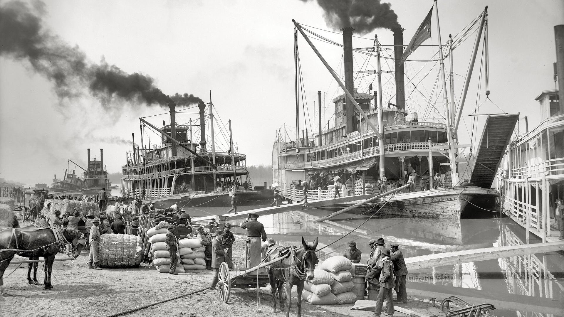 pedal, port, vintage, black and white, boats, mississippi, 1080P, river, HD Wallpaper