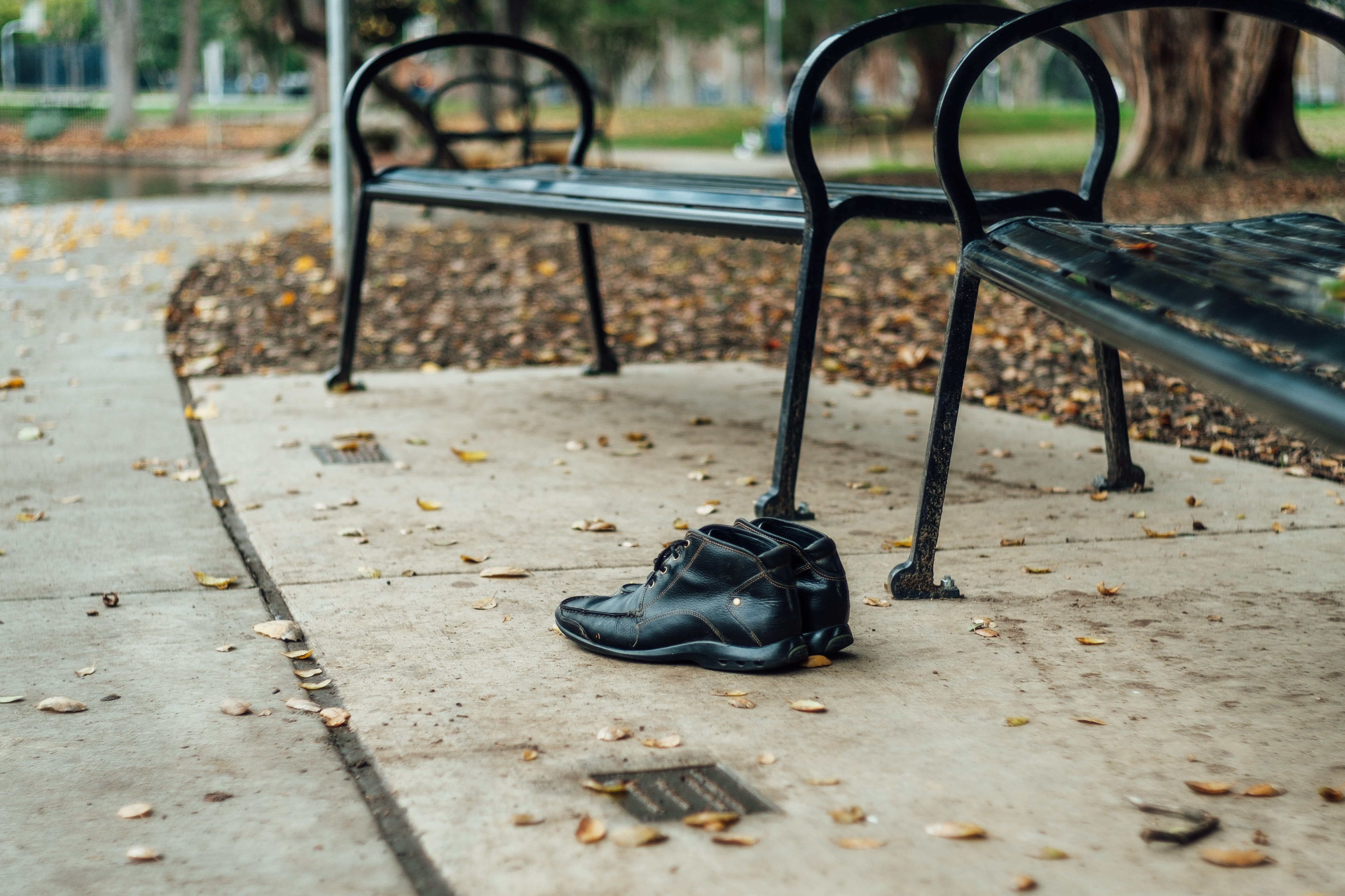 hd, shoe, parks, furniture, bench, day, leaf, black color, footpath, no people, boot, footwear, pair, street, 4K, running shoe, park, focus on foreground, HD Wallpaper