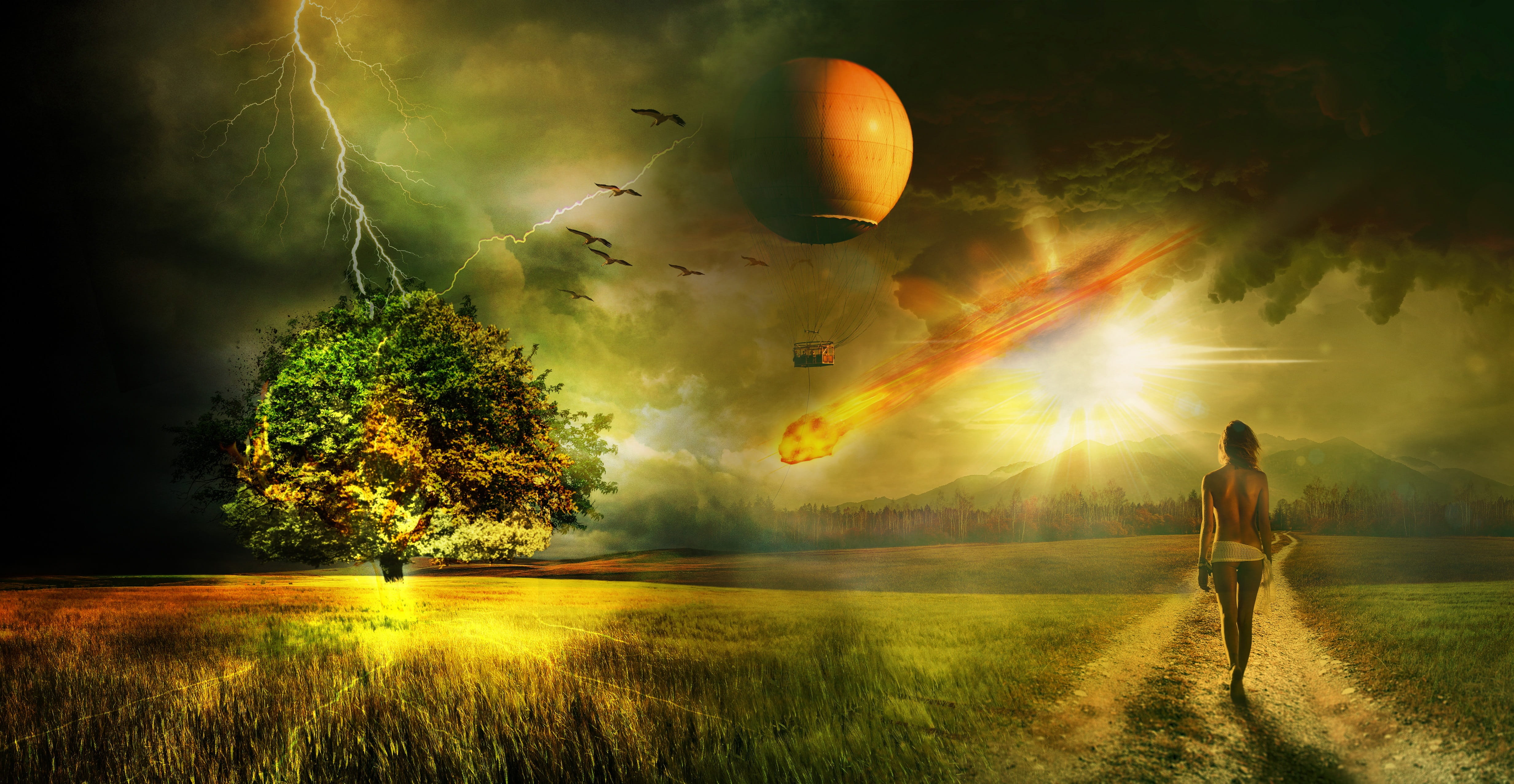 nature, disaster, land, field, hurricane, plant, standing, cyclone, lens flare, sunlight, grass, typhoon, full length, sky, one person, outdoors, digital composite, HD Wallpaper