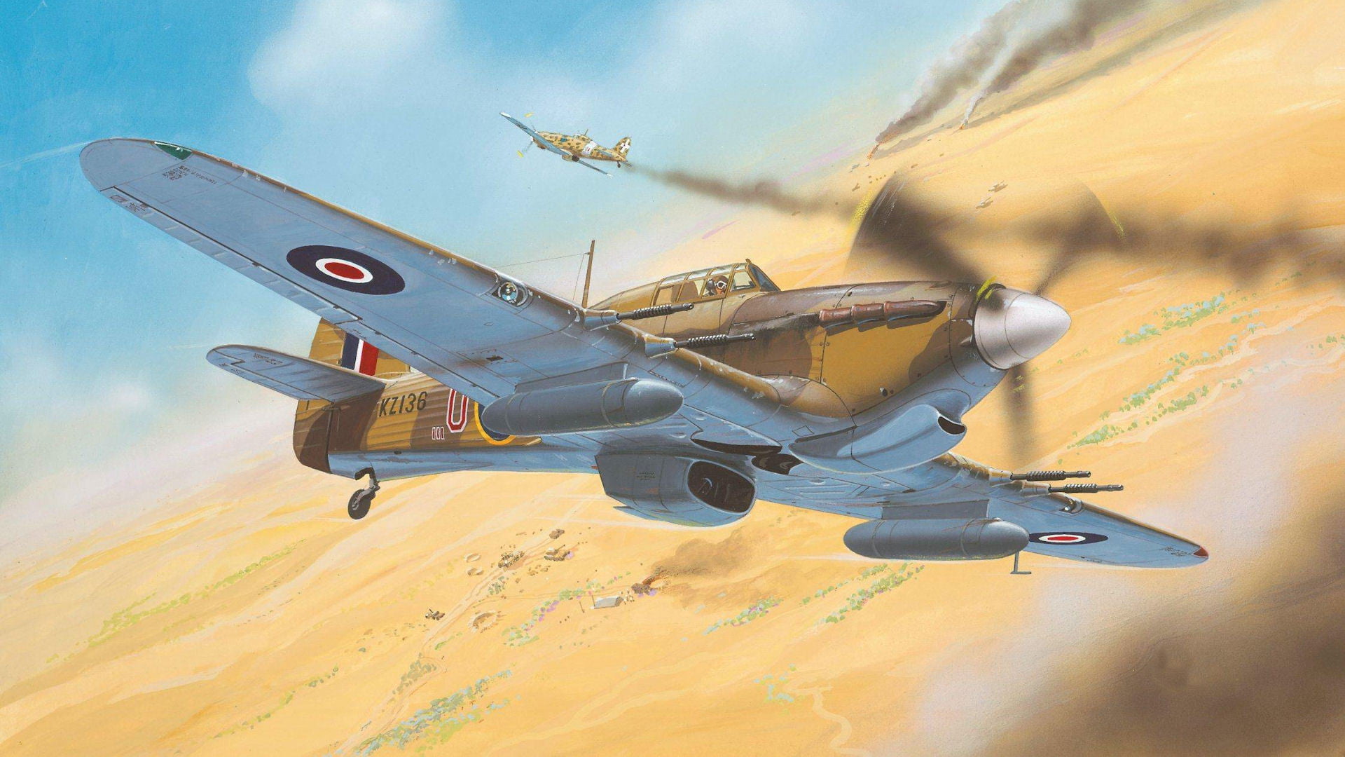 army, art, flying, aerial view, mode of transportation, 1080P, Hurricane Mk II, transportation, airplane, Hawker, plane, fighter plane, nature, outdoors, HD Wallpaper