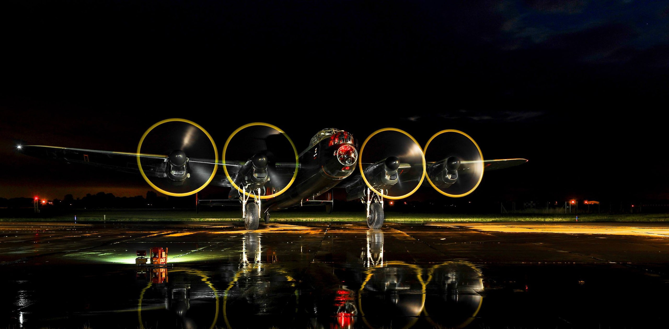 waterfront, glowing, cloud - sky, motion, transportation, planes, air vehicle, Avro Lancaster, nightlife, long exposure, light trail, outdoors, illuminated, HD Wallpaper