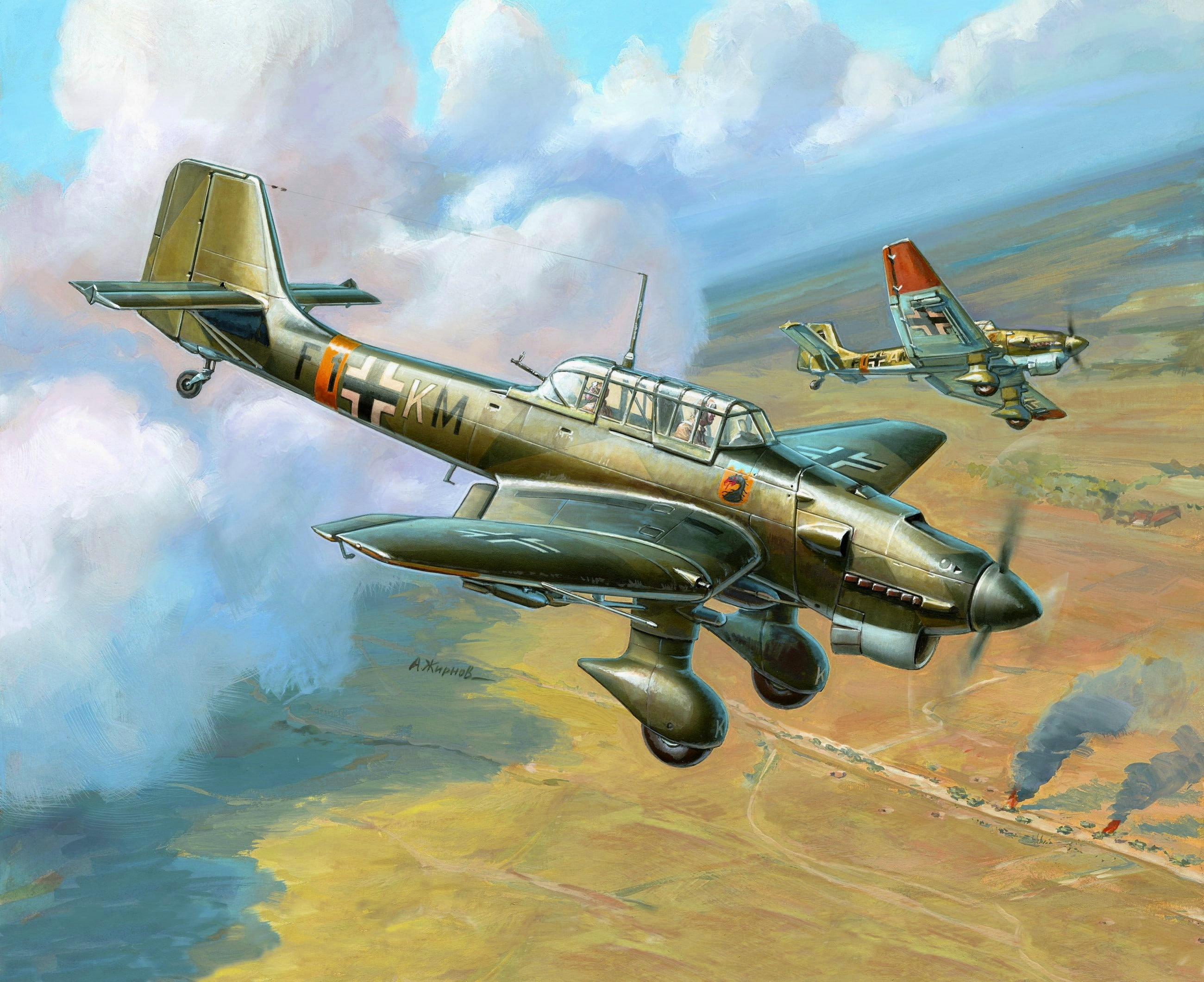 thing, cloud - sky, speed, flying, figure, no people, motion, two, Junkers, day, fighter plane, 7./St.G 77, painting, air vehicle, fighter, mode of transportation, HD Wallpaper