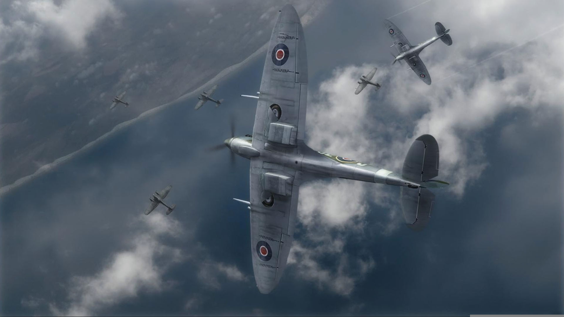 the English fighter, Supermarine, he-111, battle of Britain, art, the side, graphics, coast, Spitfire, 1080P, HD Wallpaper