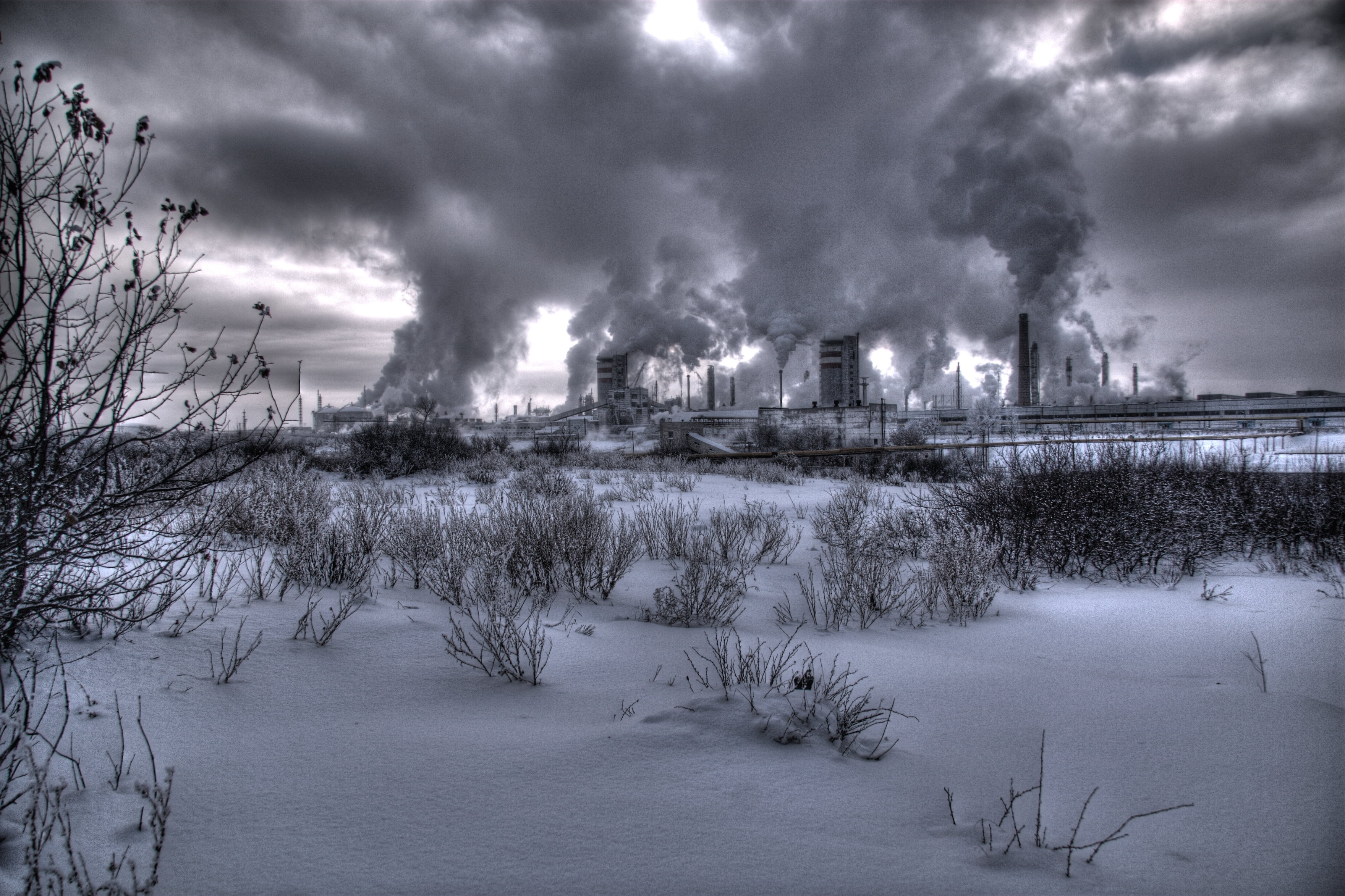 toxic Substance, natural Disaster, 2K, built Structure, nature, power, cloud - Sky, architecture, water, snow, air Pollution, dark, cloudscape, smog, smoke Stack, HD Wallpaper
