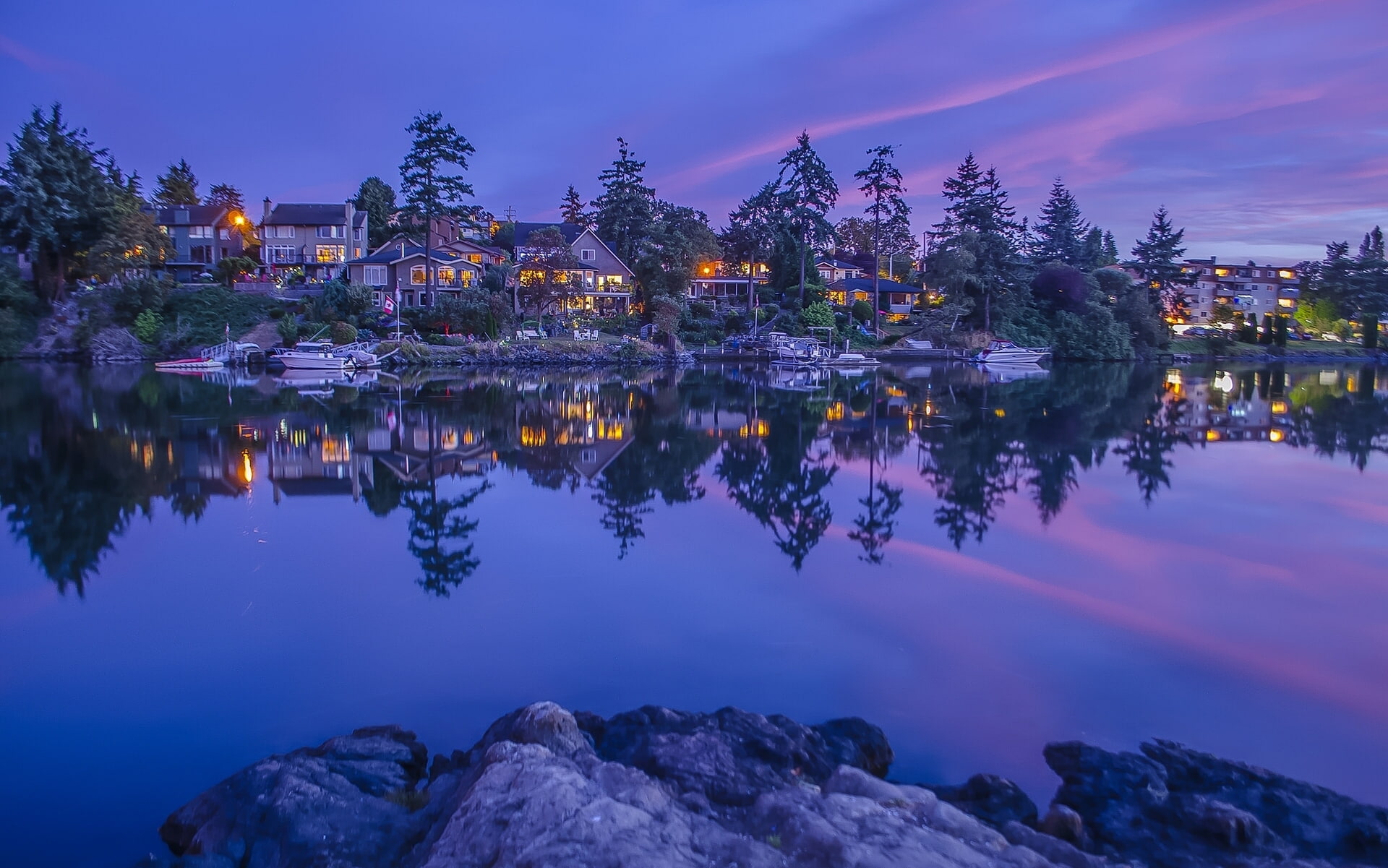 river, home, reflection, trees, boats, Vancouver Island, Marina, British Columbia, 1080P, Canada, HD Wallpaper