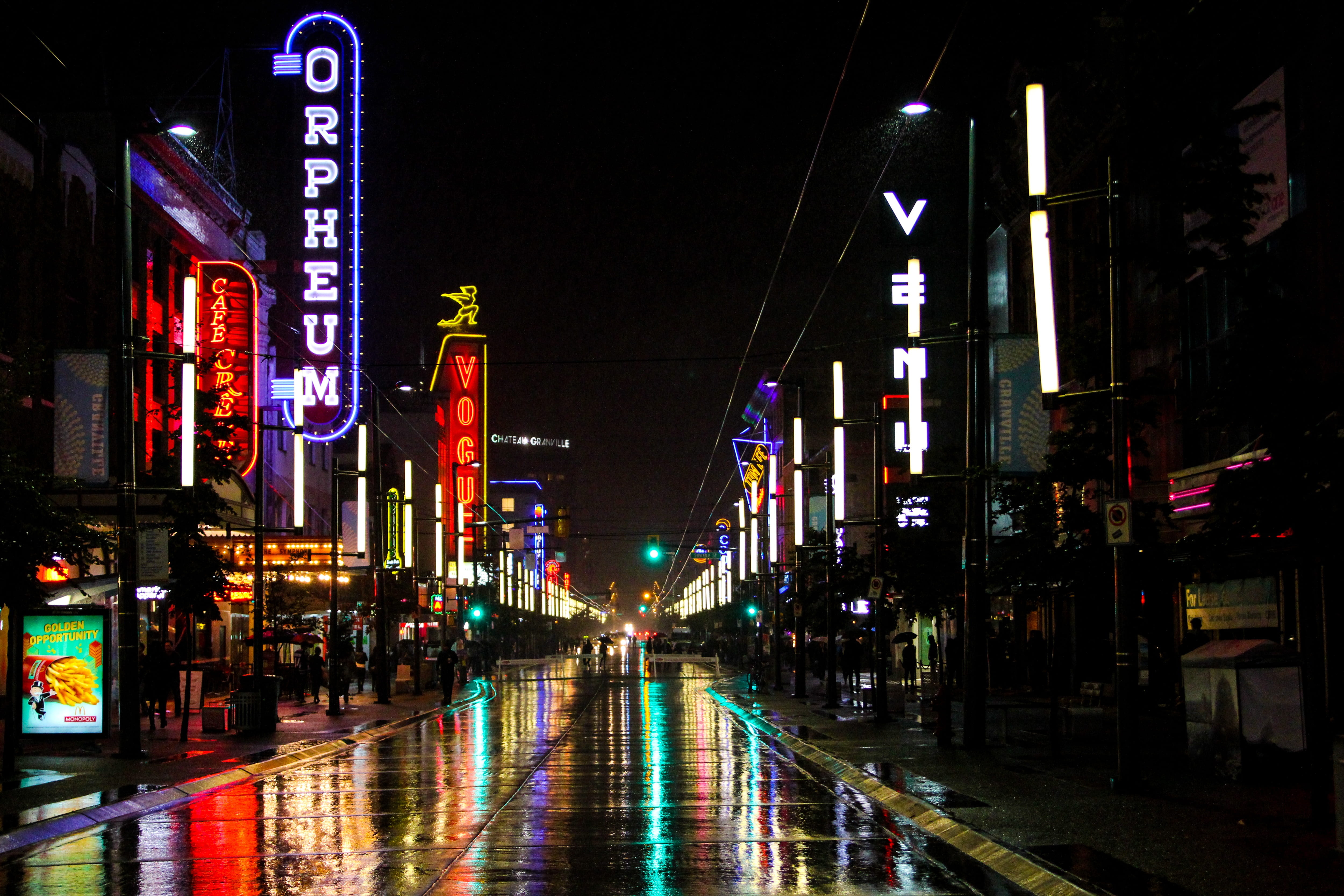 transportation, road, tourists, canada, illuminated, building exterior, weather, neon lights, nightlife, lights, city, no people, sign, british columbia, HD Wallpaper