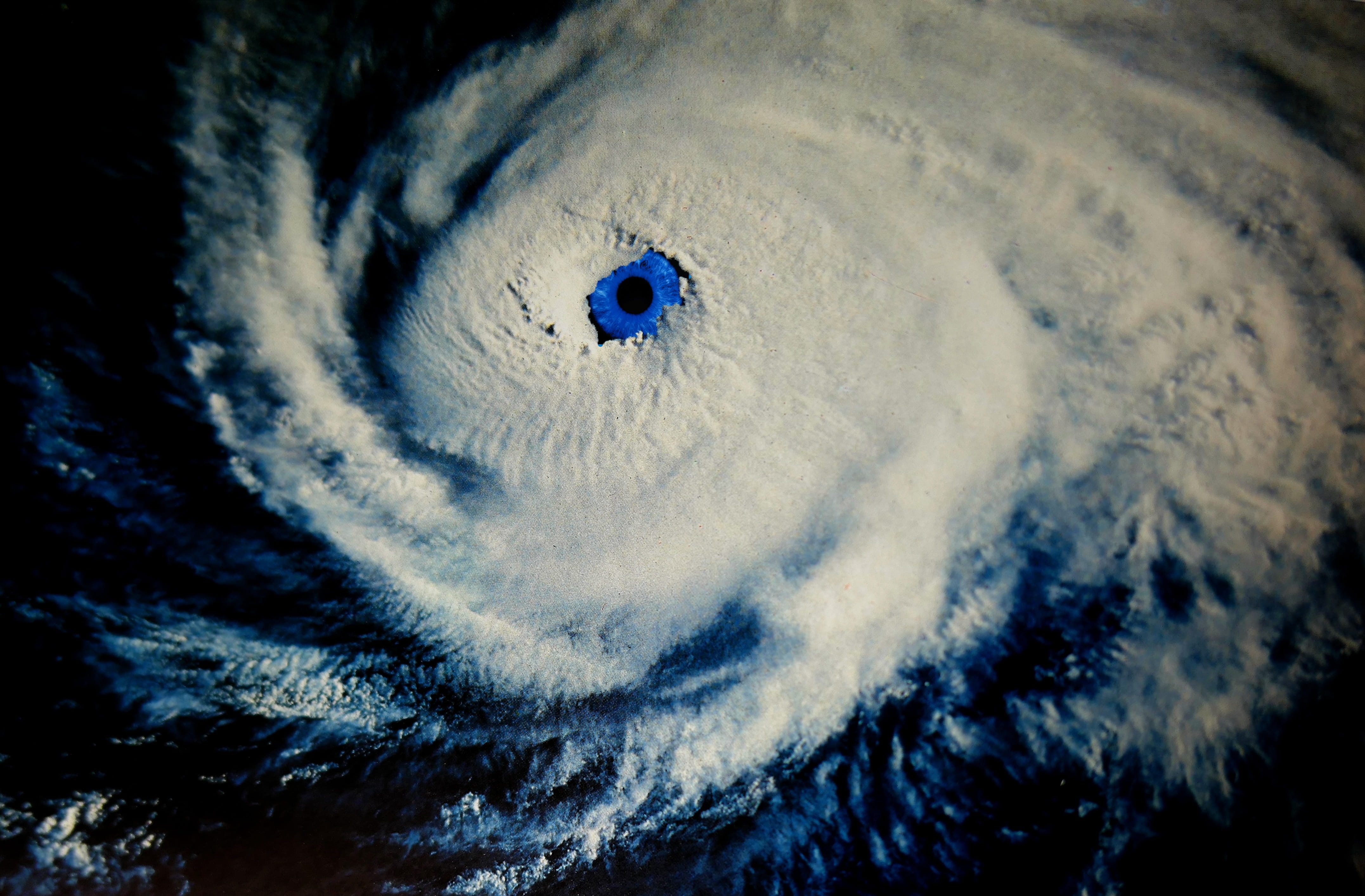 4K, animal themes, clouds, blue, cloudburst, atmosphere, Eye Of The Hurricane, one animal, eye, meteorology, animal eye, animal head, storm clouds, sky, HD Wallpaper