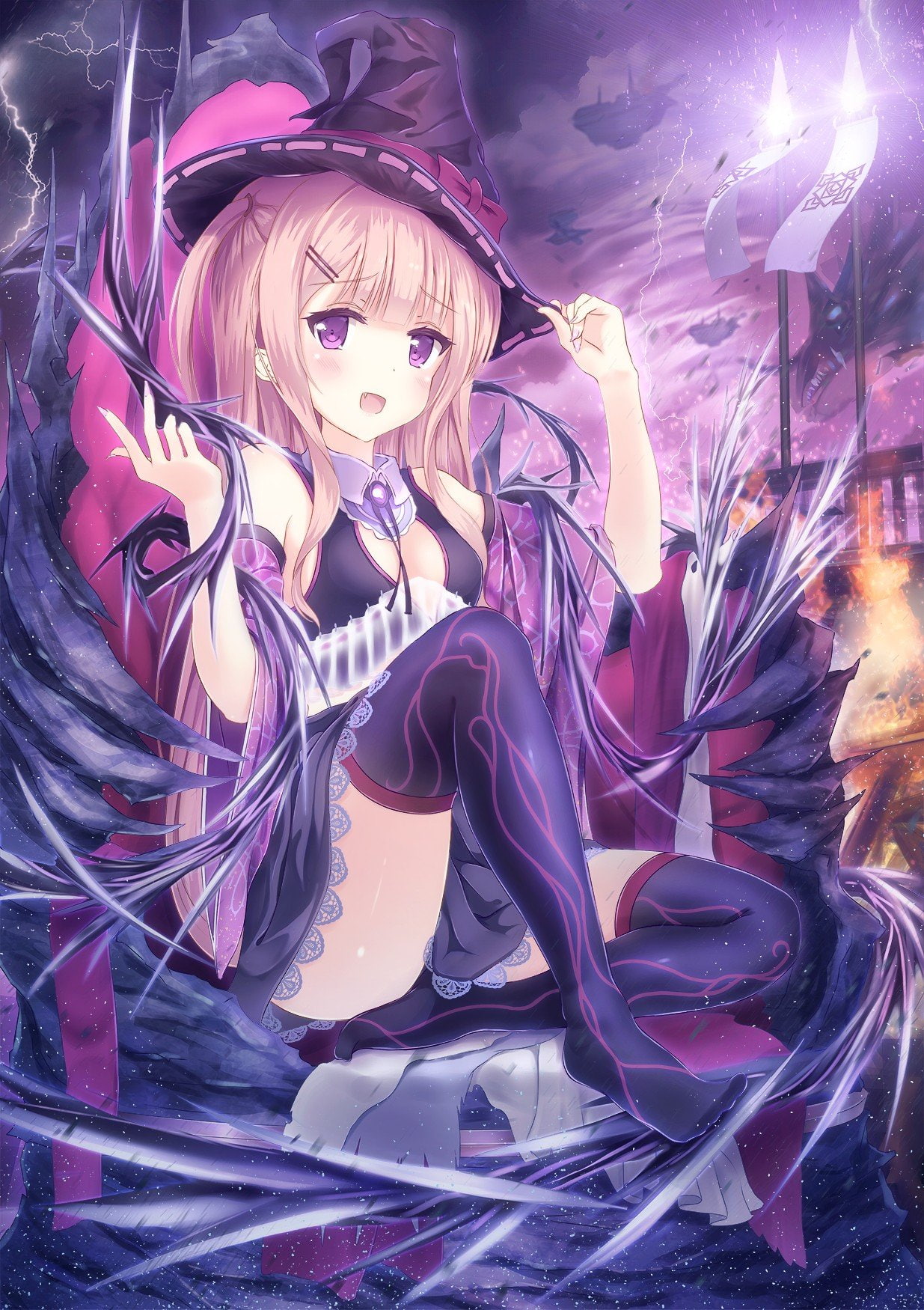 720P, storm, Lightning, highs, Magic, anime, thigh, Purple Eyes, witch, Original Characters, Anime Girls, Blonde, Phone HD Wallpaper