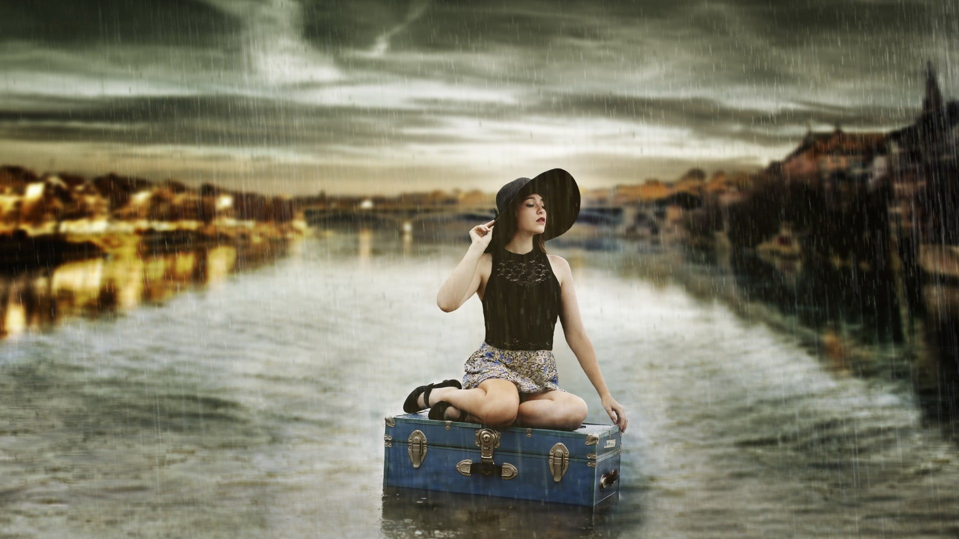 water, travel, lights, nautical vessel, closed eyes, nature, women, clouds, lifestyles, real people, model, hat, building, outdoors, long hair, full length, HD Wallpaper
