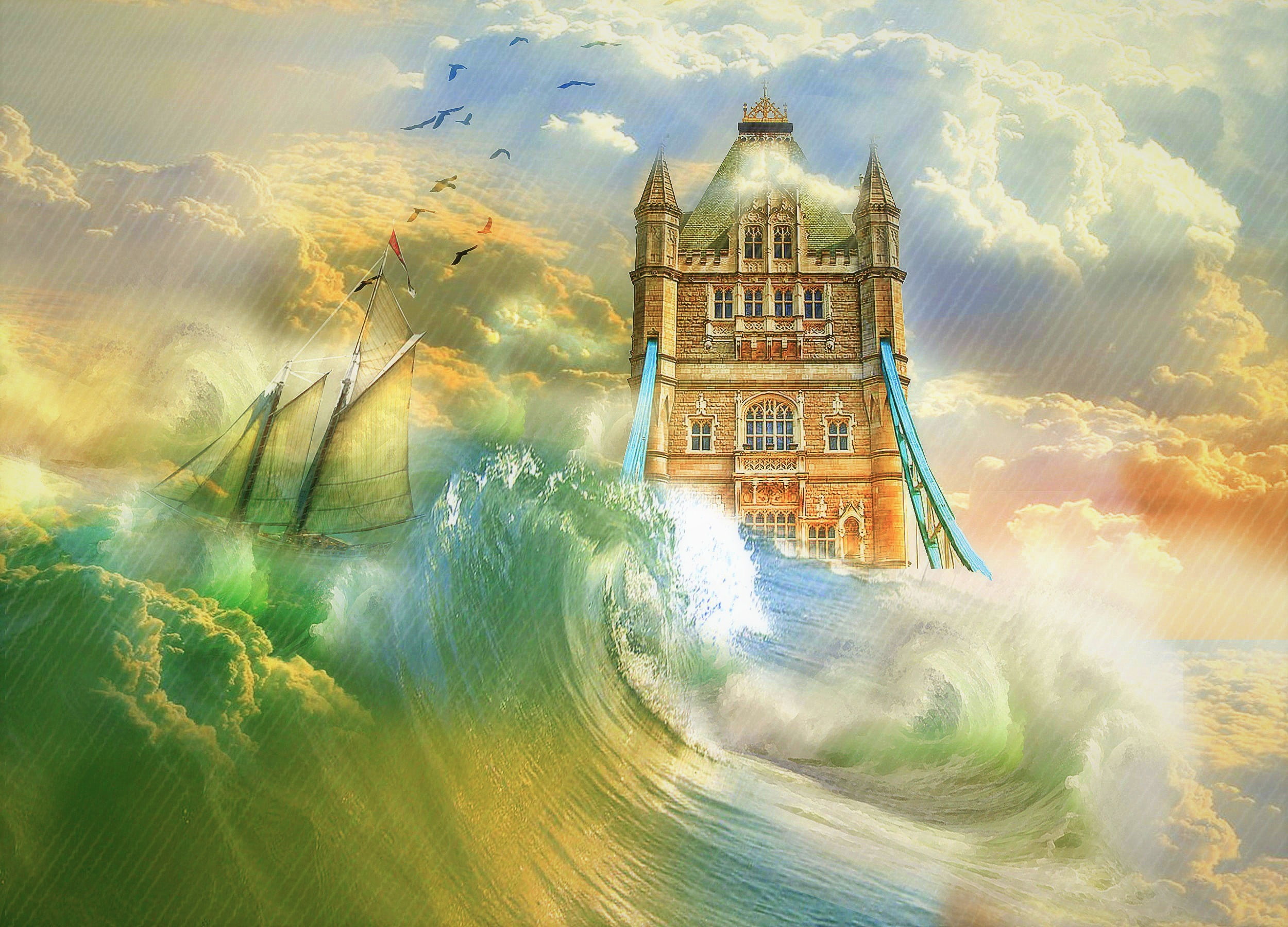 tower, tsunami, artistic, wave, bridge, storm, painting, 1080P, HD Wallpaper