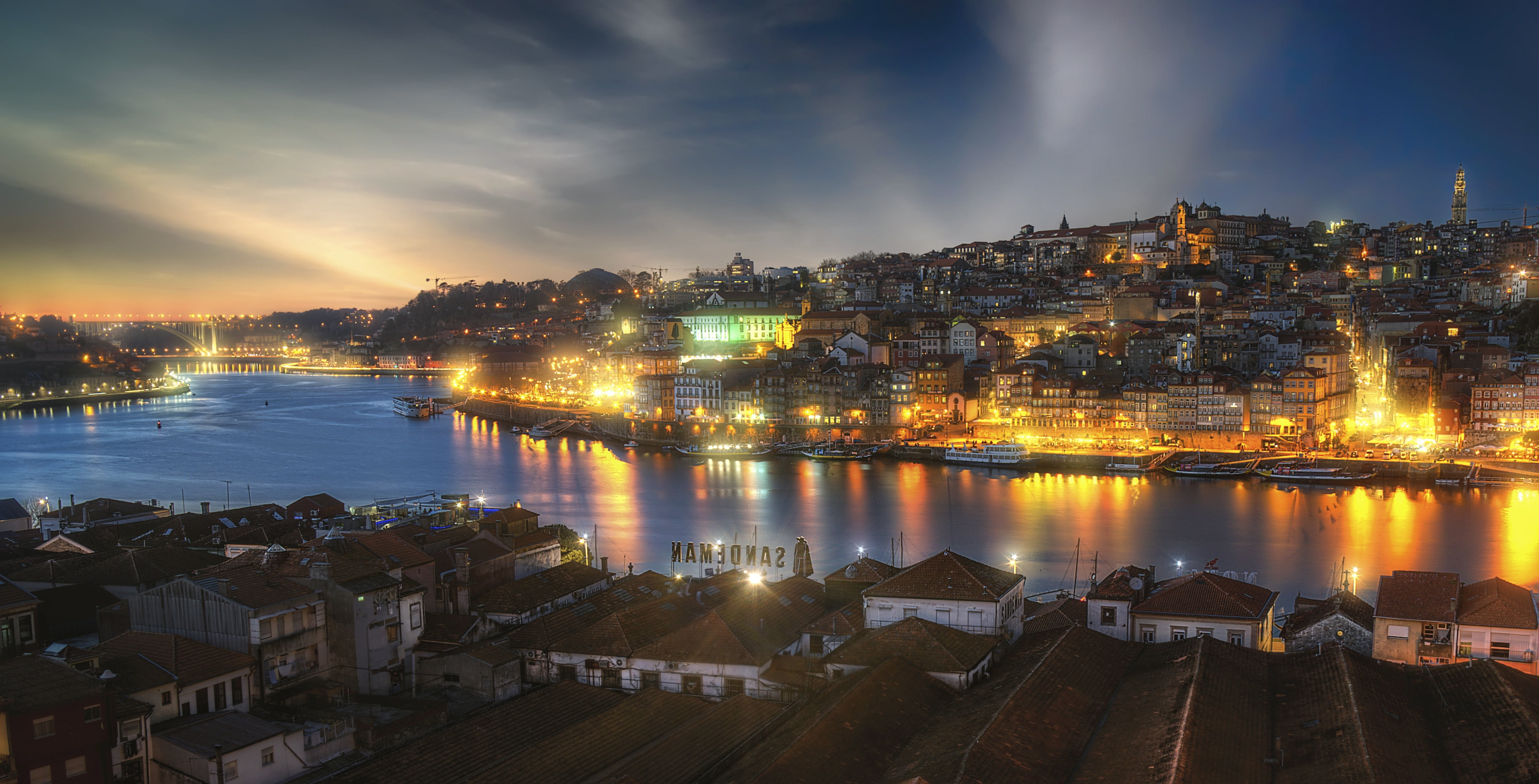 clerics, tourist, lights, tower, 4K, city, river, lighting, light, architecture, building, outdoors, river douro, no people, portugal, porto, dusk, reflection, HD Wallpaper