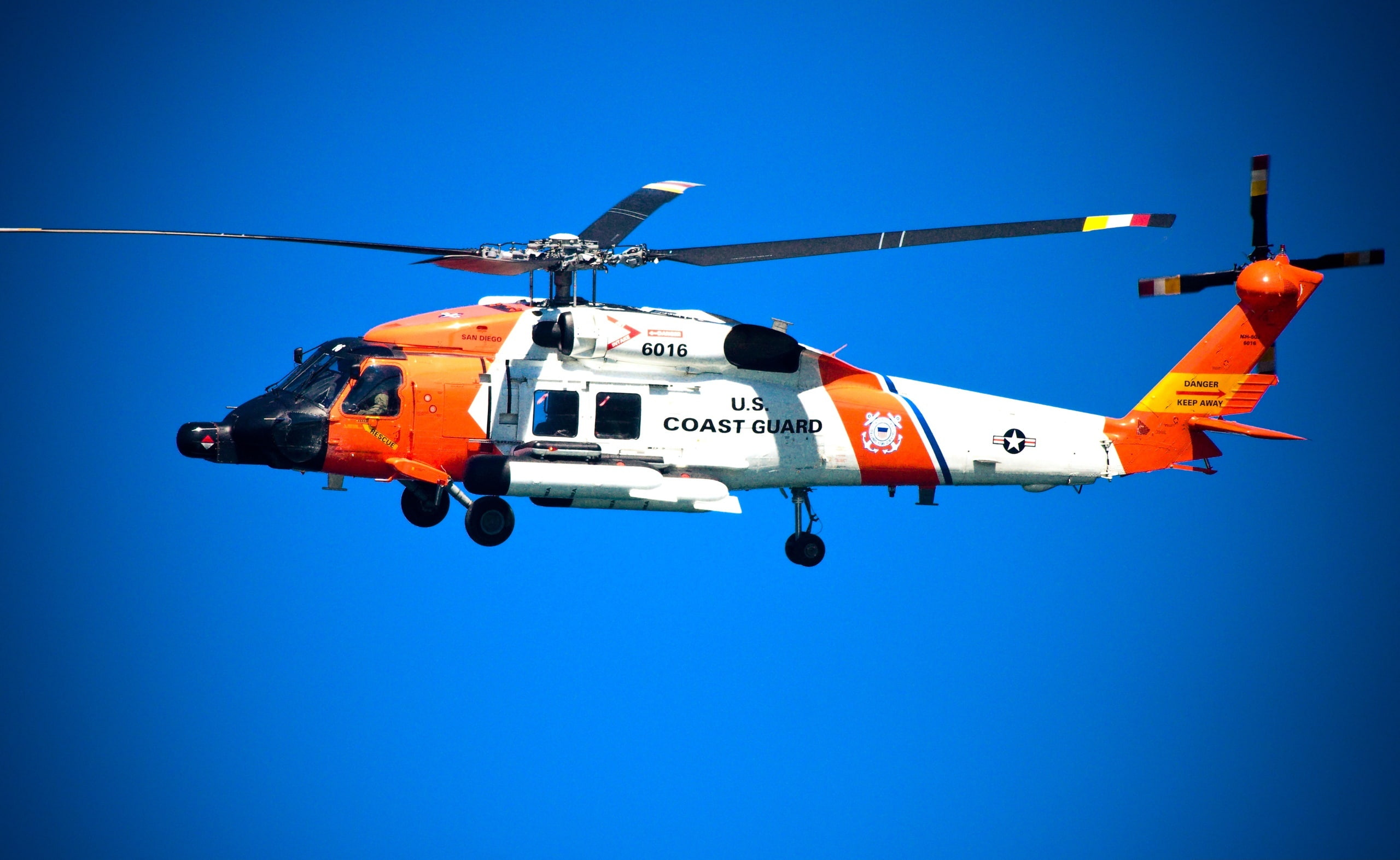 orange color, 2K, copy space, aerospace industry, Helicopter, motion, sky, military, rescue, white, clear sky, government, nature, day, rescue worker, HD Wallpaper