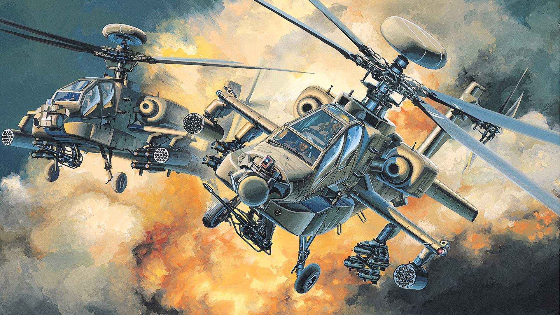 Apache Longbow, smoke - physical structure, weapon, technology, orange color, military aircraft, artwork, aggression, indoors, fire - natural phenomenon, HD Wallpaper