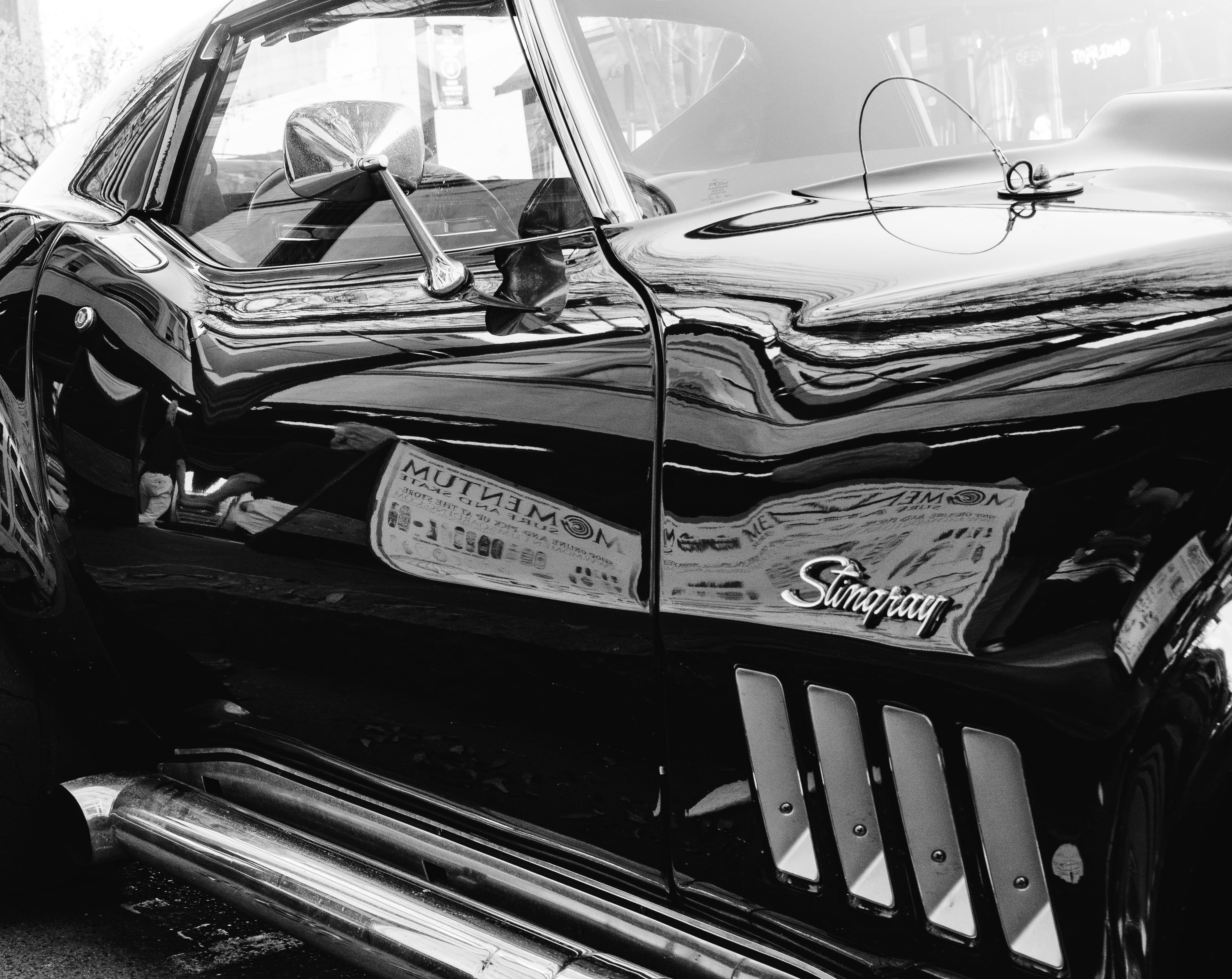 #classiccar, high angle view, travel, stationary, sunlight, vehicle hood, seat, indoors, headlight, 4K, land vehicle, windshield, glass - material, #corvettestingray, HD Wallpaper