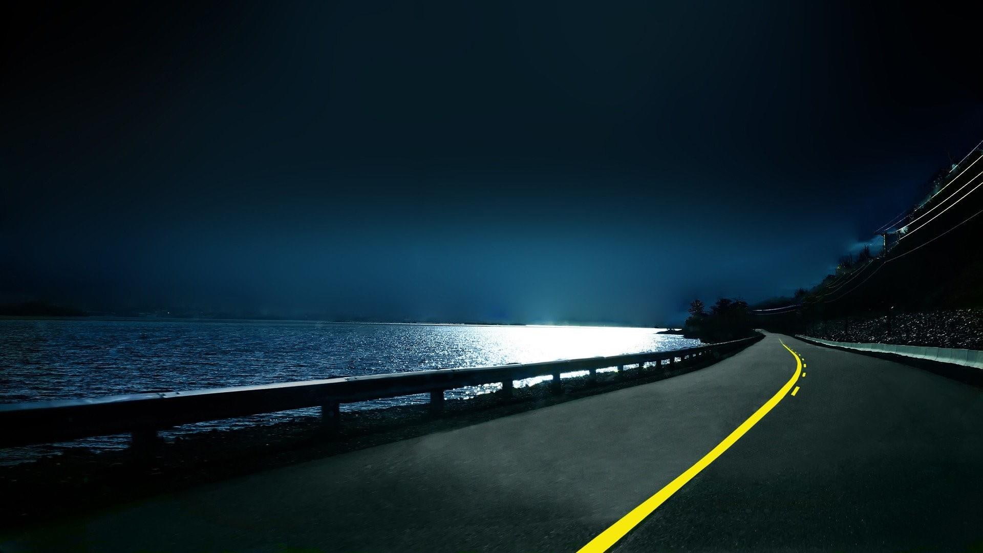 shore, dark, 1080P, night, distance, way, road, darkness, HD Wallpaper