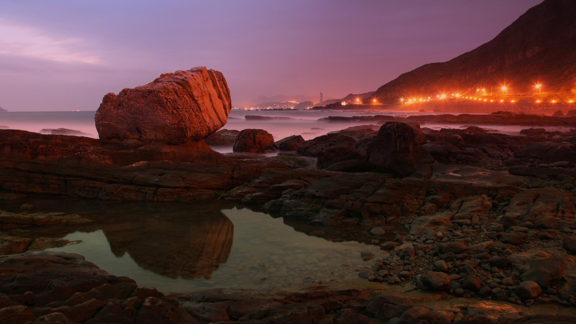 1080P, rocks, pool, lights, nature and landscapes, shore, road, misty, mist, sea, HD Wallpaper