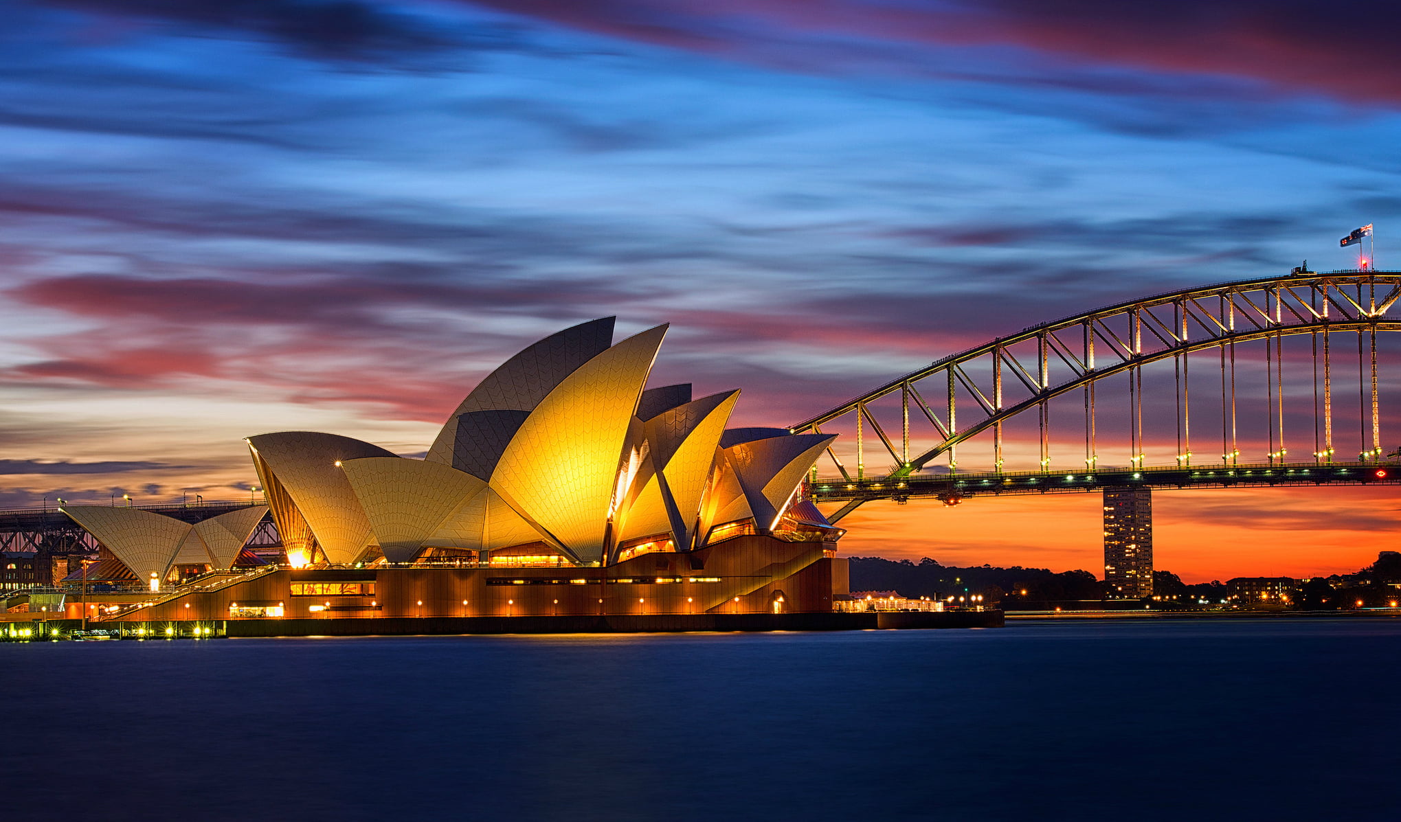 built Structure, sky, sydney Harbor, financial district, twilight, city, bridge - Man Made Structure, sunset, orange, illuminated, lights, urban Scene, HD Wallpaper