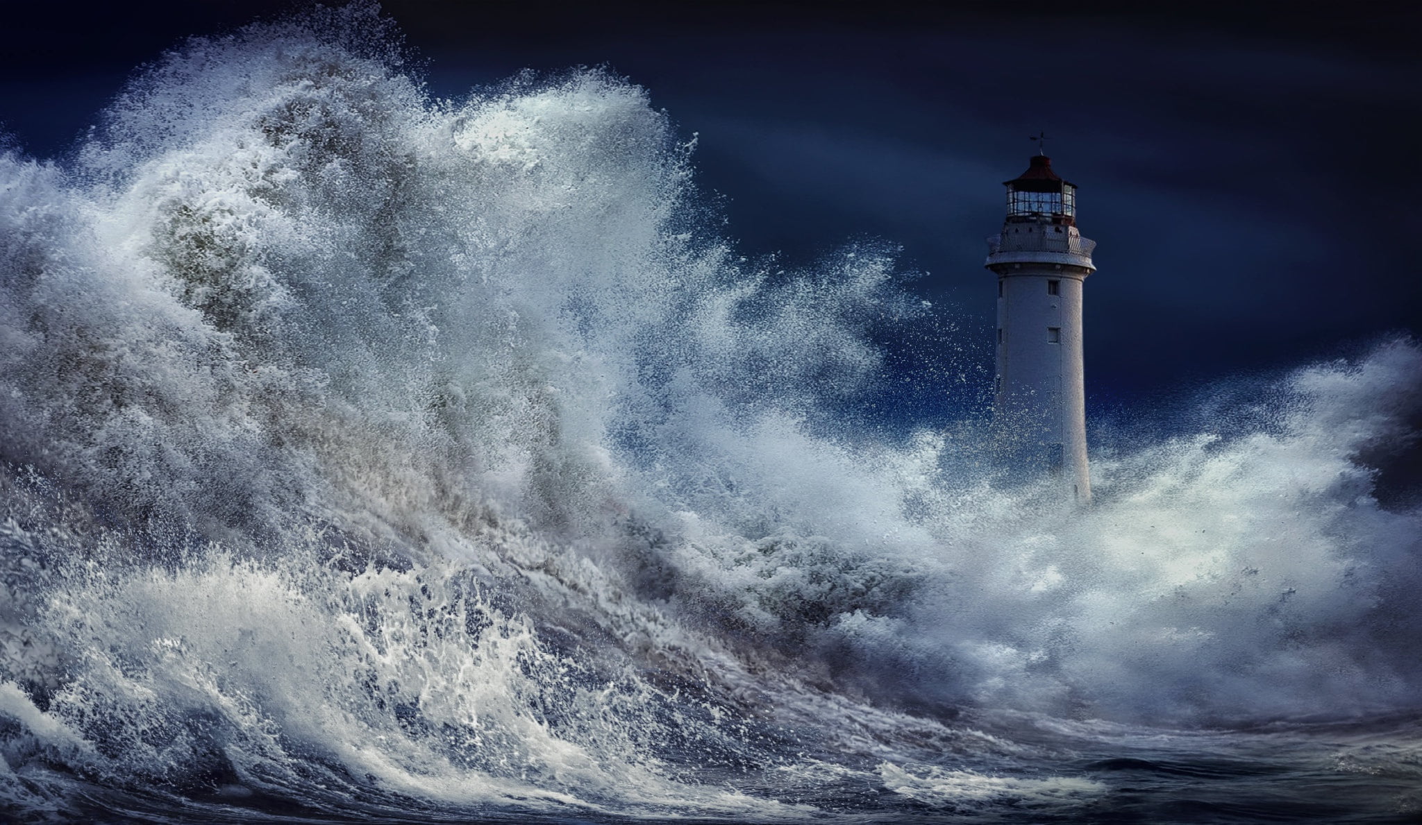 nikos Bantouvakis, storm, wave, sea, squirt, 1080P, digital art, night, lighthouse, graphics, HD Wallpaper