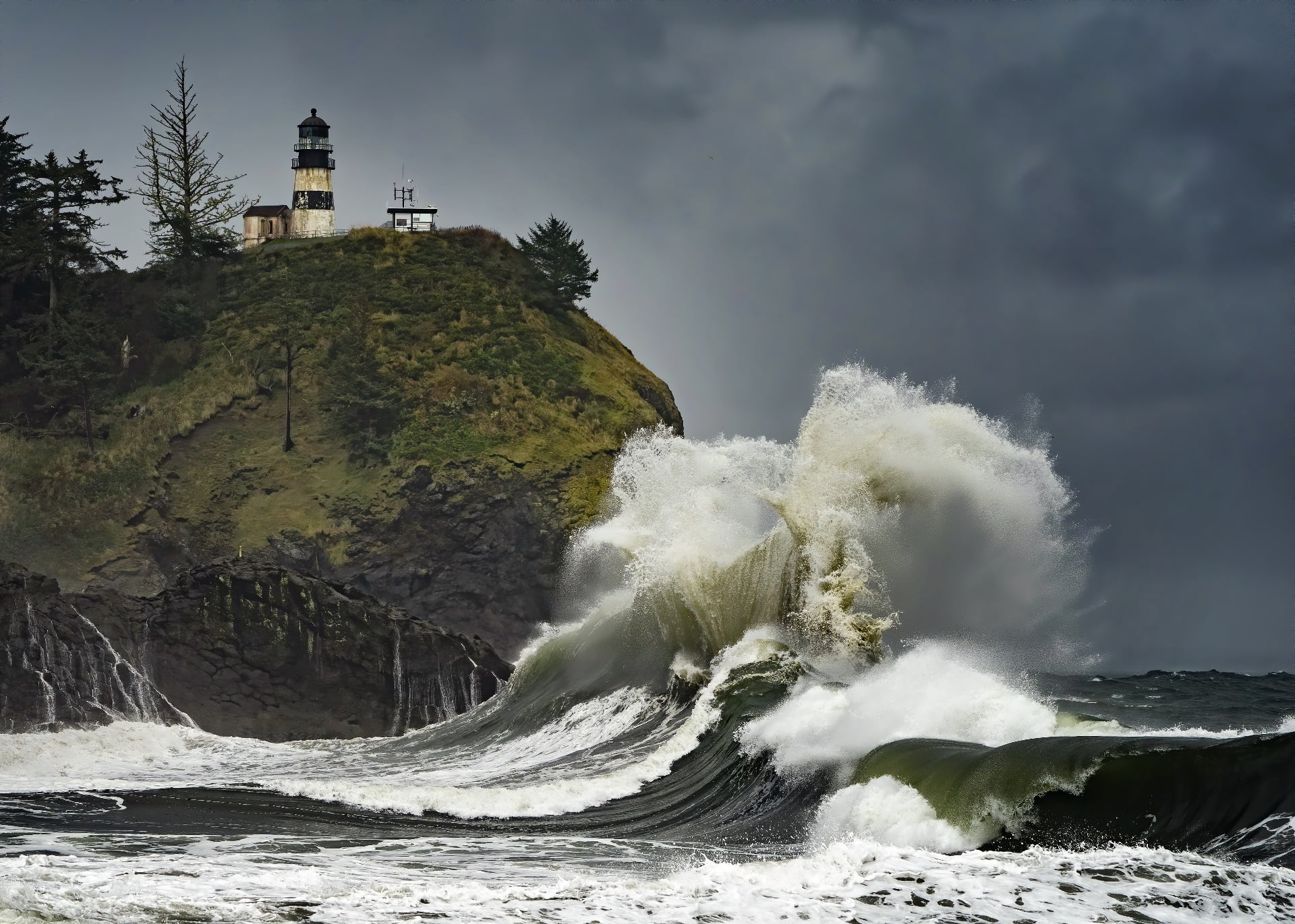 waves, storm, 1080P, sea, USA, coast, lighthouse, HD Wallpaper