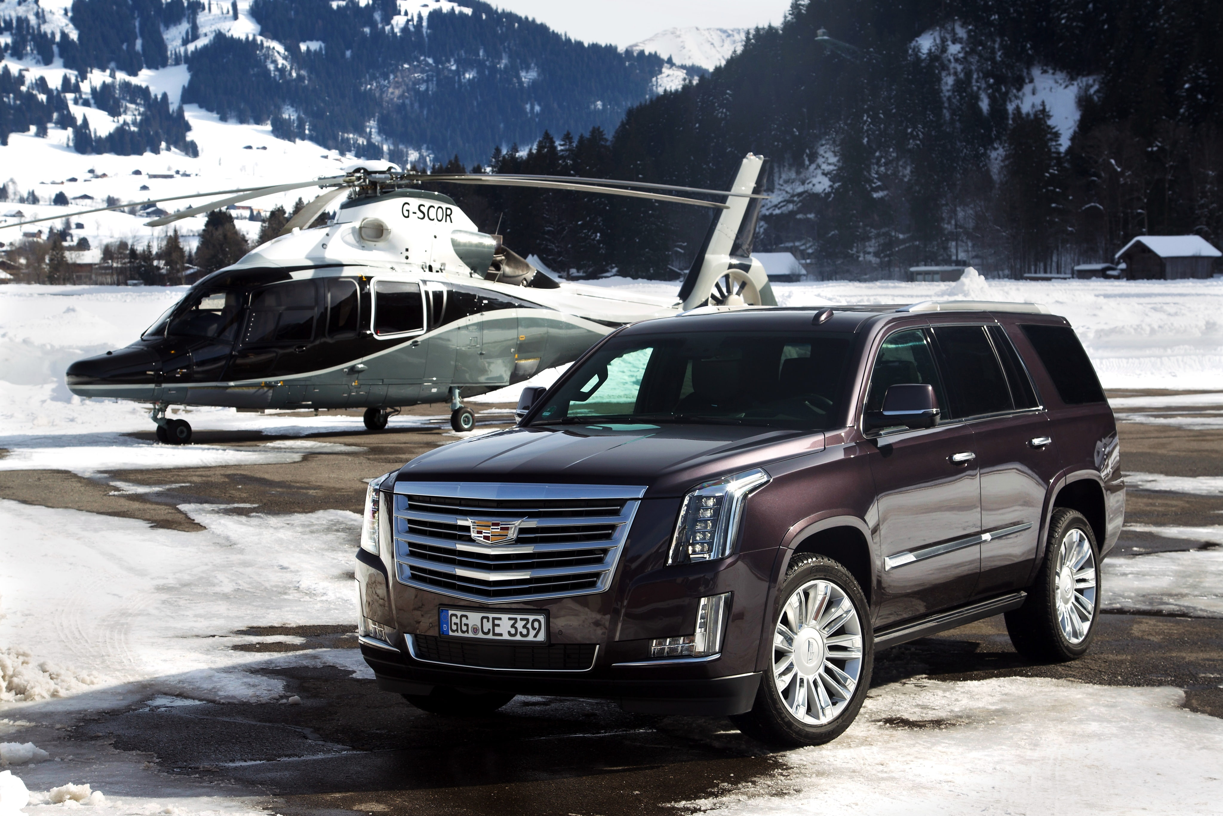 land, no people, cold temperature, snow, tree, mode of transportation, 4K, helicopter, brown, chevrolet, Cadillac, transportation, sunlight, frozen, winter, HD Wallpaper
