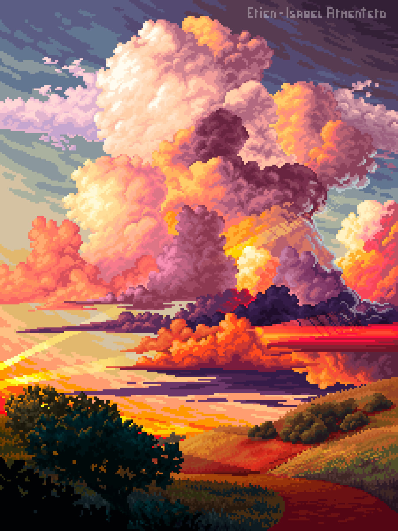 pixel art, sky, 720P, artwork, clouds, nature, Isabel Armentero, digital art, Phone HD Wallpaper