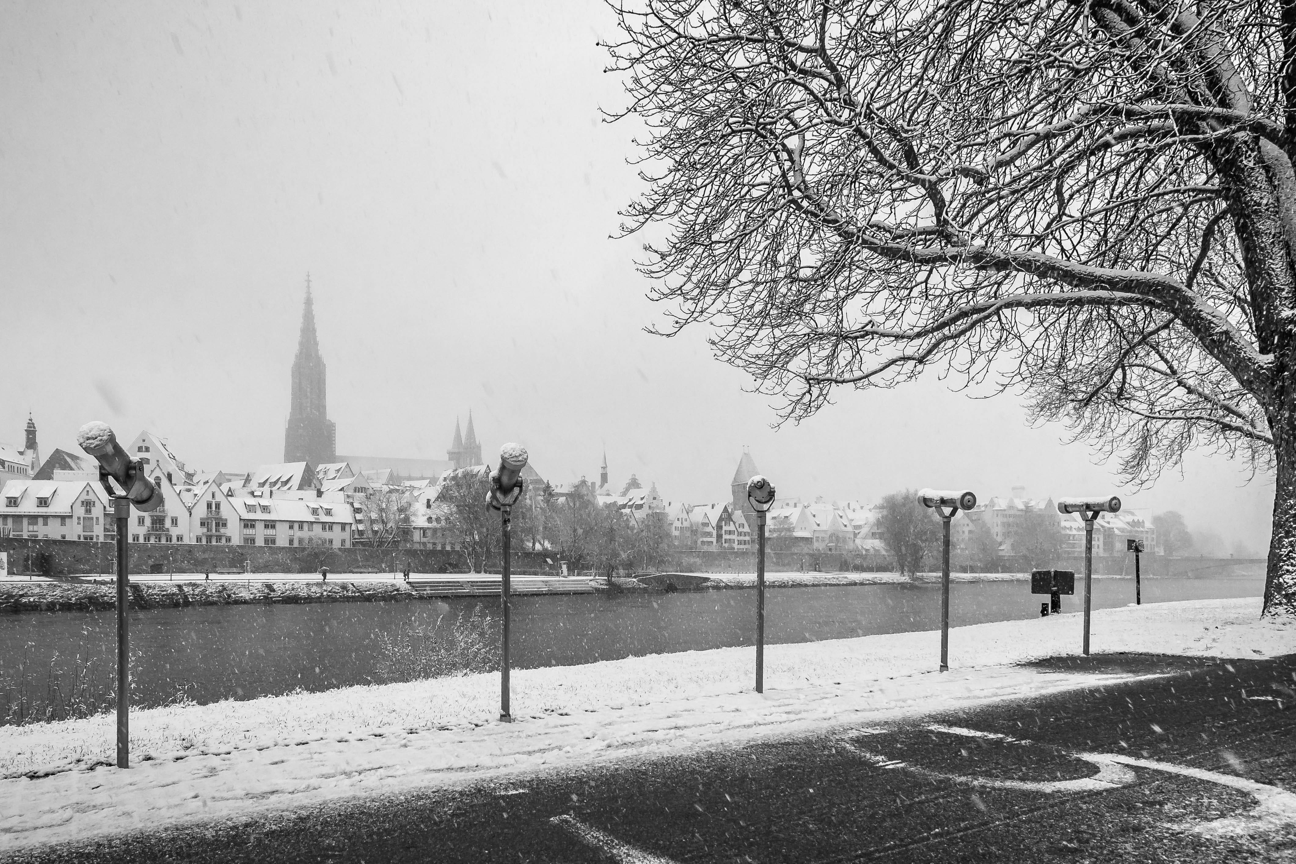 church, day, architecture, the past, cold, 4K, religion, mirroring, Snowy, white, belief, built structure, black and white, River, danube, water, Winter, HD Wallpaper