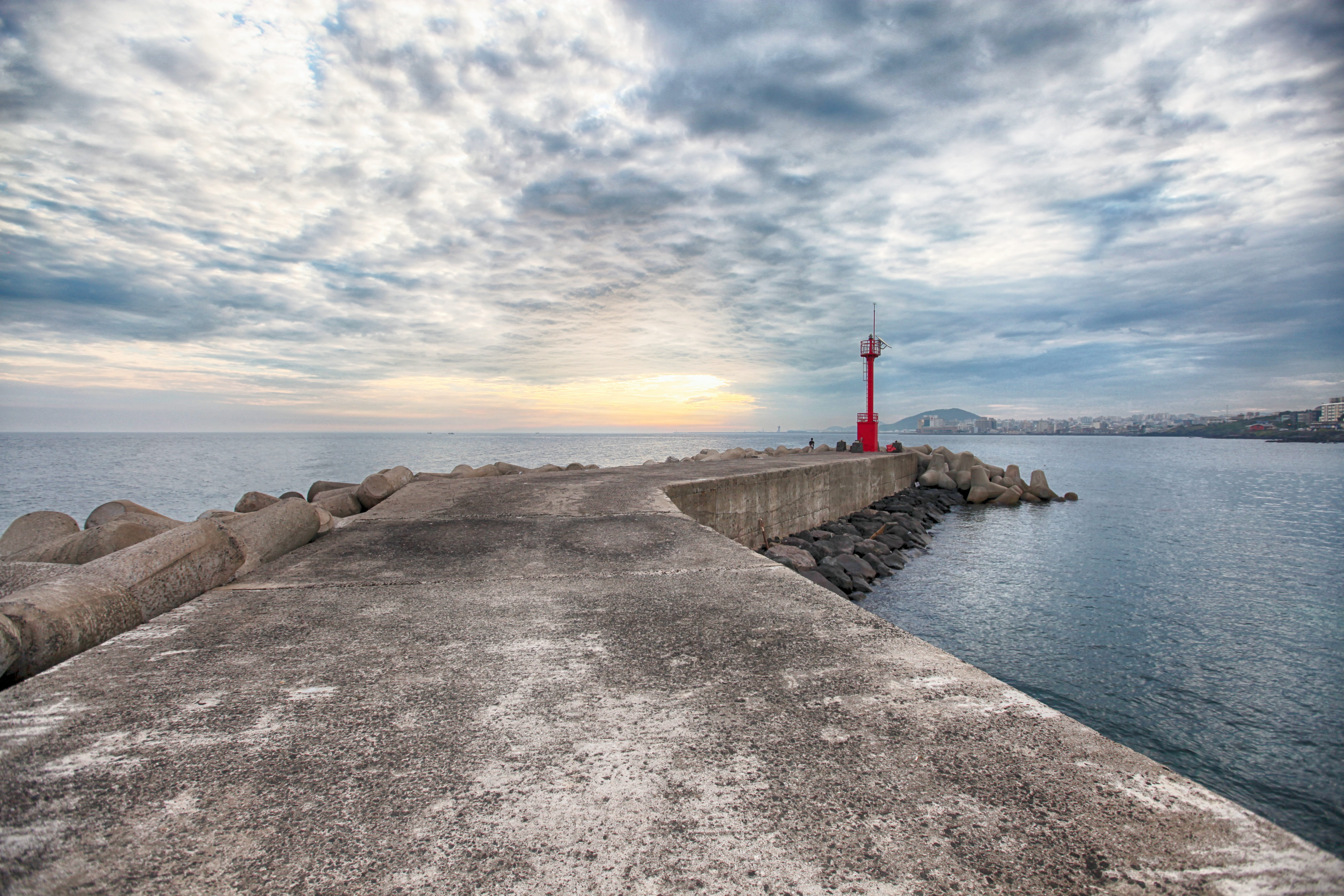 Sea, sky, lighthouse, travel, jeju island sea, guidance, direction, built structure, outdoors, Sky, protection, seawall, water, Travel, island, cloud - sky, HD Wallpaper