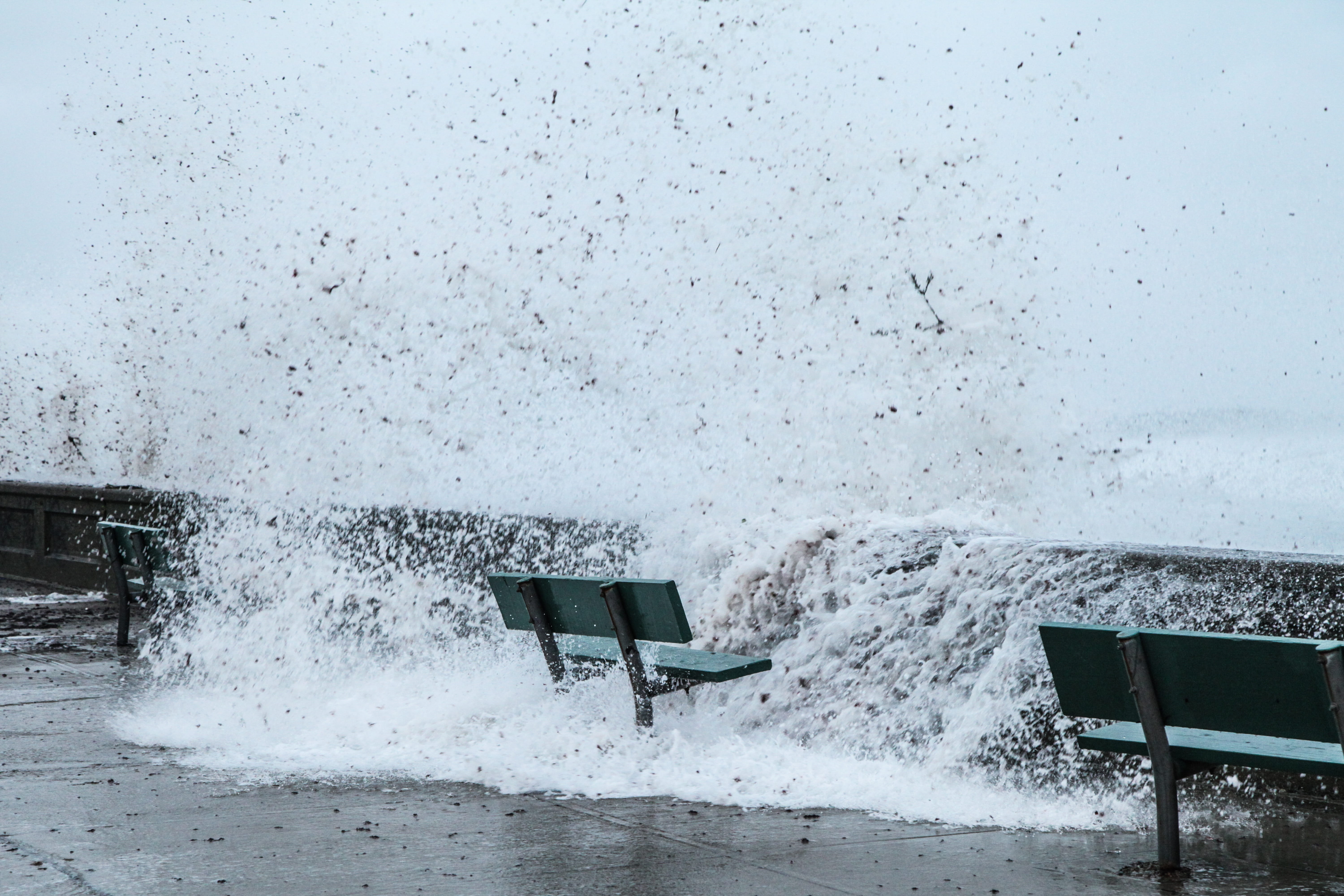 nature, snowing, wave, storm, seawall, 5K, built structure, no people, architecture, narragansett, beauty in nature, bench, chair sit, water, blurred motion, HD Wallpaper