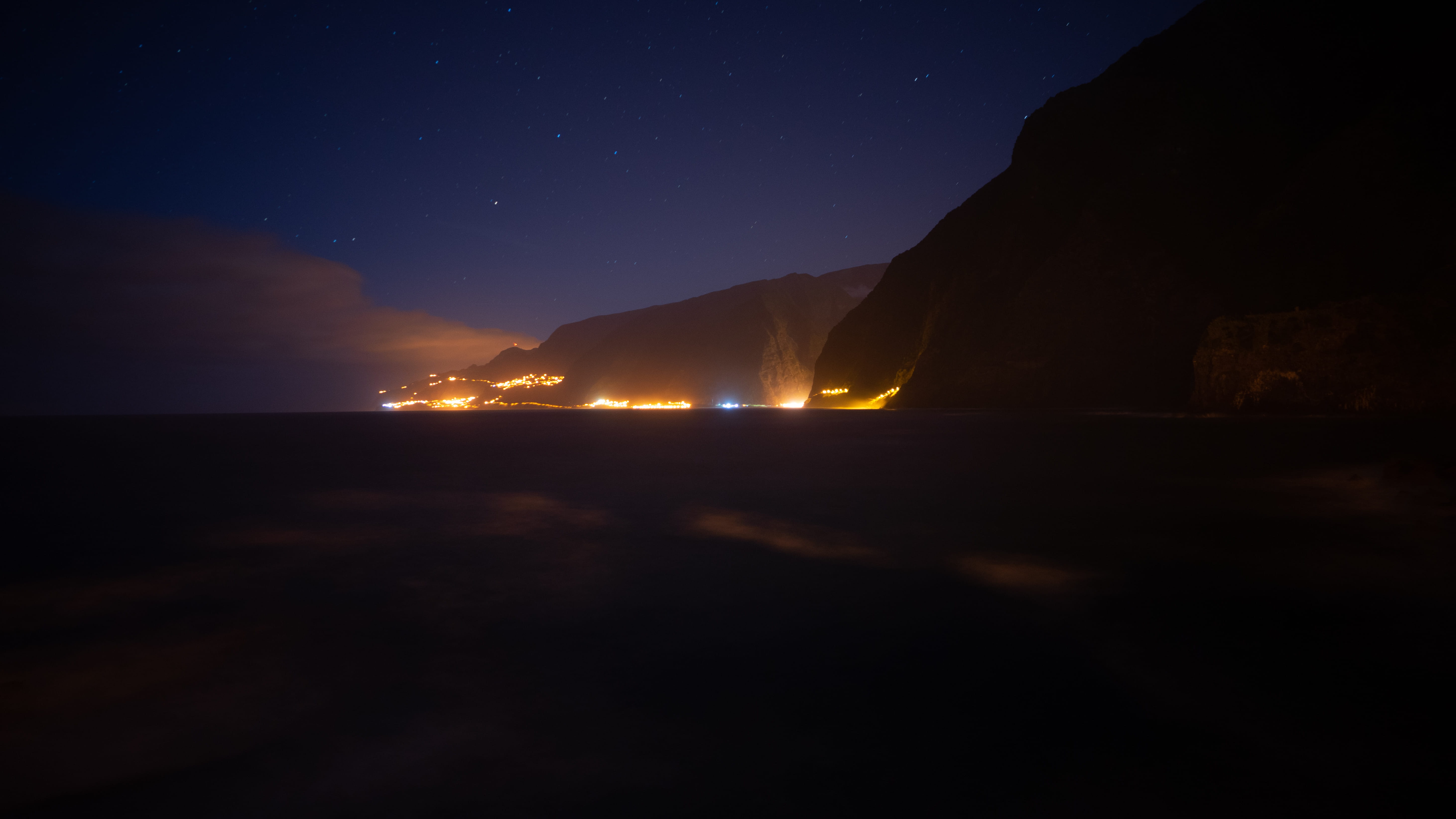 starry sky, sea, scenics - nature, seawall, no people, ocean, astronomy, night, idyllic, stand, tv, mountain, land, illuminated, space, fire, tranquil scene, HD Wallpaper
