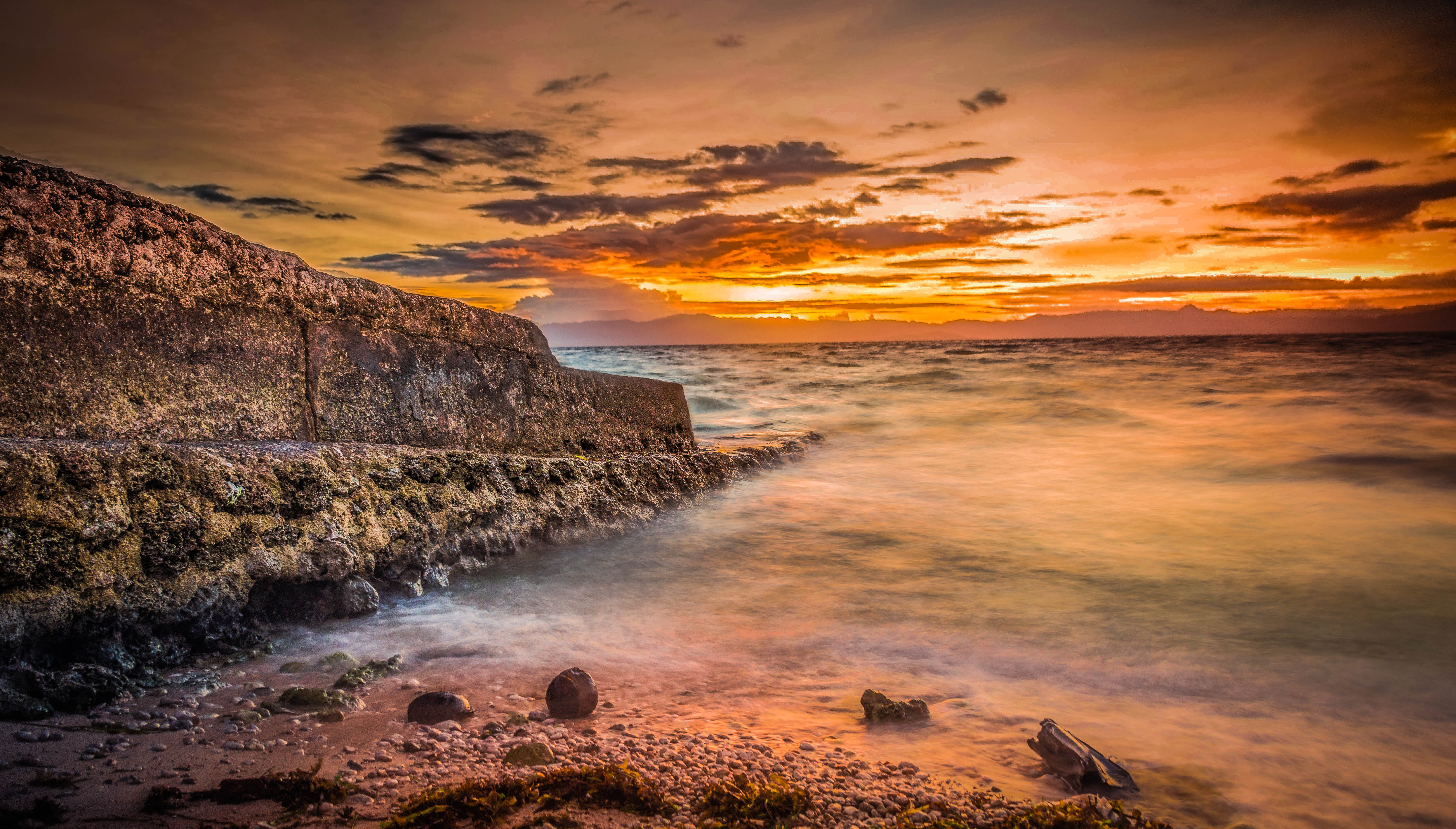 sea, rock - object, ocean, horizon over water, romantic sky, yellow, solid, long exposure, seawall, sun, beauty in nature, 5K, nature, concrete, photo, HD Wallpaper