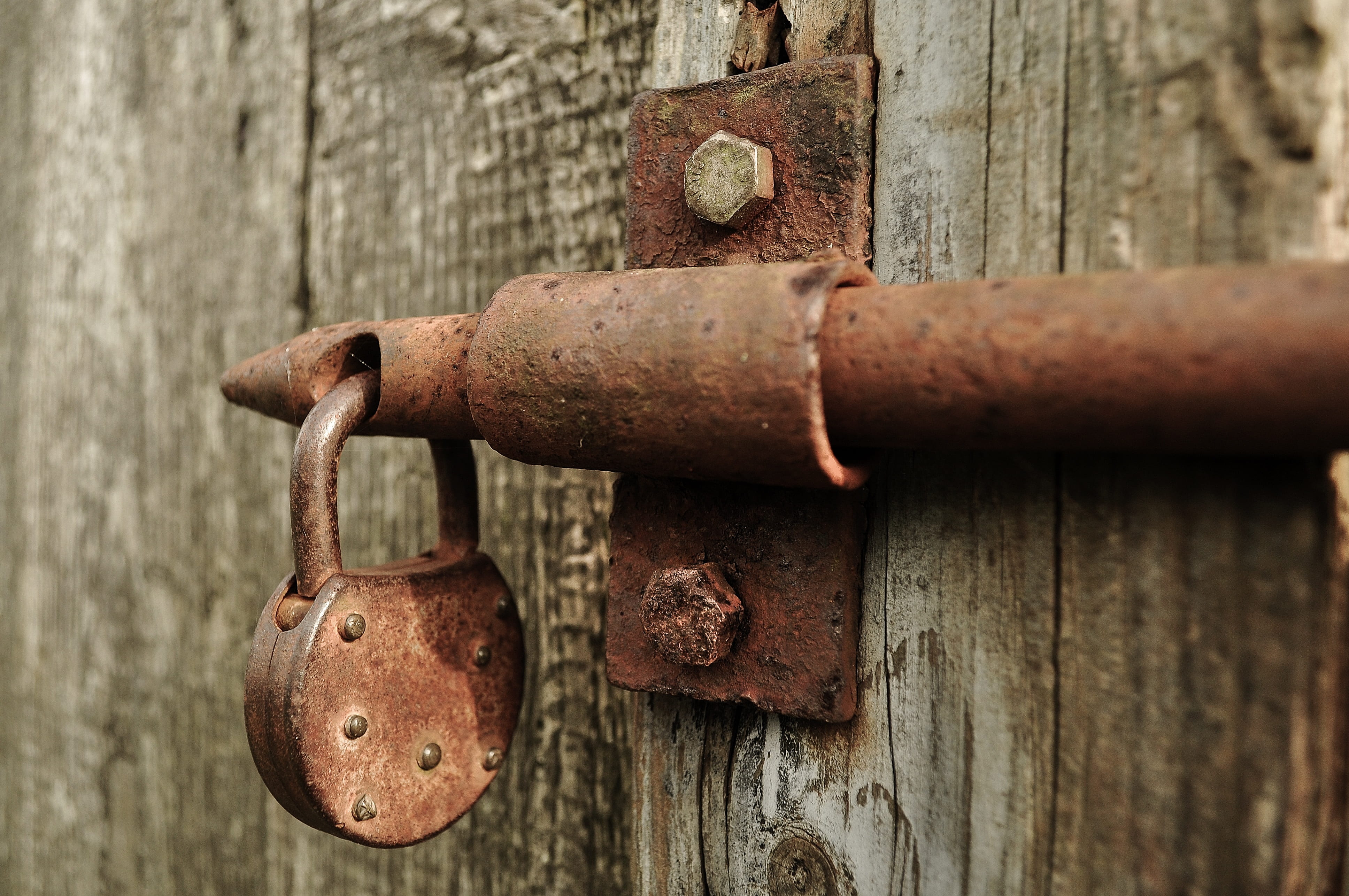 vintage, shed, metal, latch, weathered, decline, textured, safety, padlock, lock, close-up, brown, wood - material, 4K, iron, old, focus on foreground, HD Wallpaper