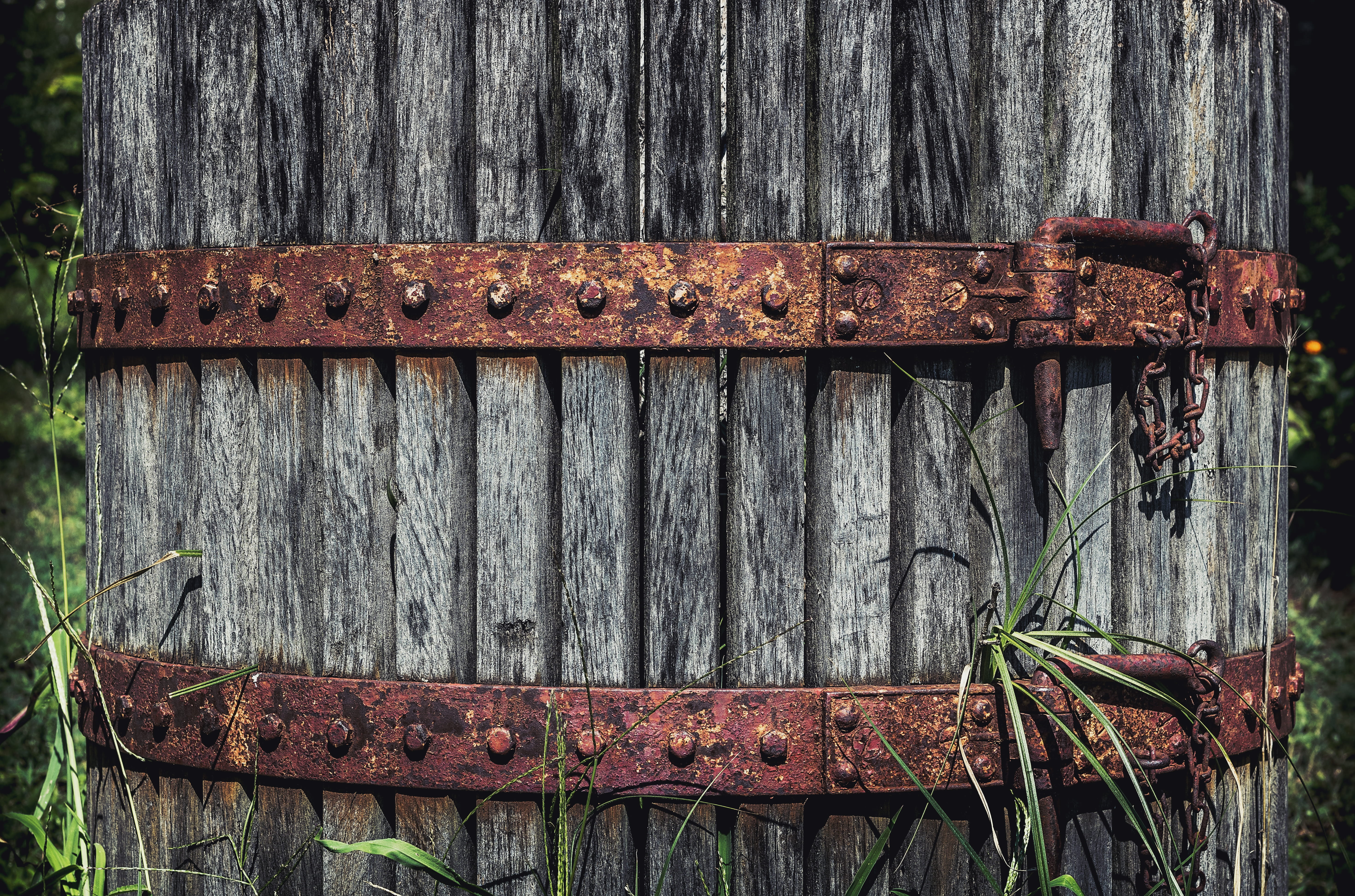 rustic, rusty, knots, security, dirty, 5K, steel, tree, chain, damaged, grass, wood - material, metal, texture, no people, nature, decline, deterioration, HD Wallpaper